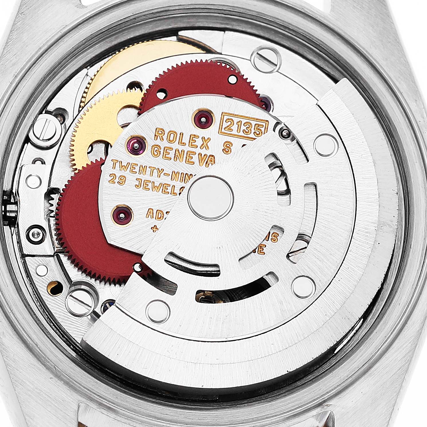 The image shows the movement mechanism of a Rolex Datejust 69173 Women's Steel and Gold (two tone) White Dial, viewed from the back, highlighting gears and the rotor.