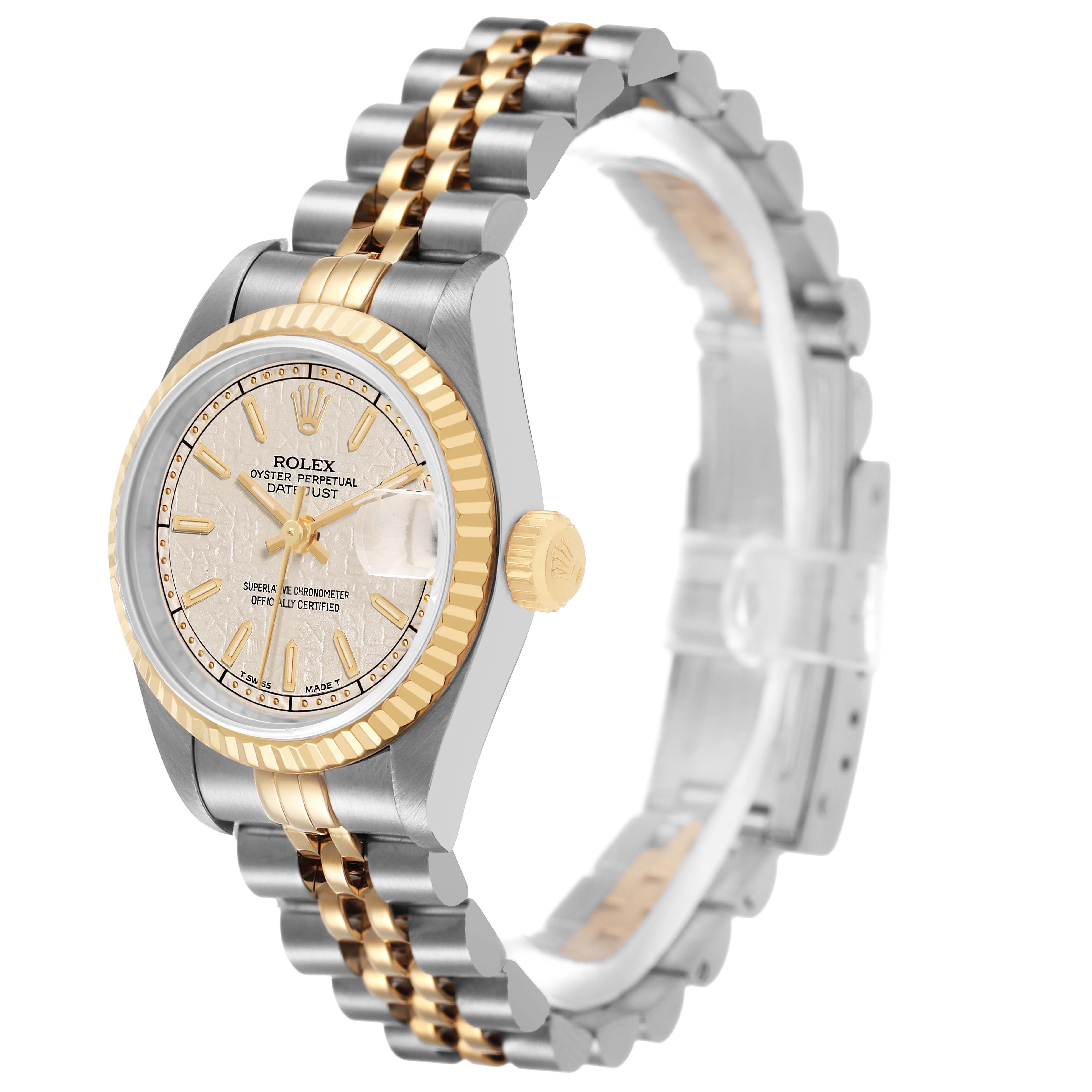 The Rolex Datejust 69173 Women's Steel and Gold (two tone) White Dial watch is shown at a three-quarter angle, highlighting the face, bezel, crown, and bracelet.