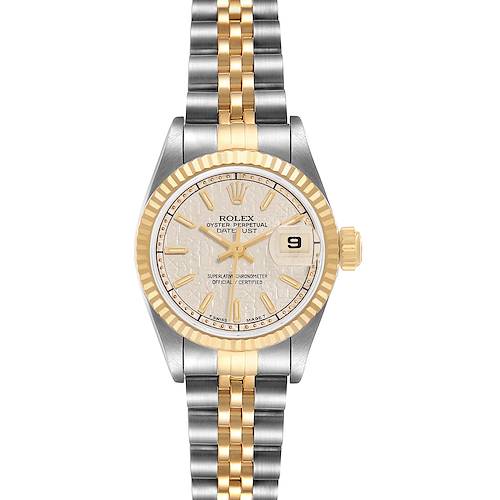 The Rolex Datejust 69173 Women's Steel and Gold (two tone) White Dial watch is shown from a front angle, highlighting its two-tone bracelet, fluted bezel, and dial.