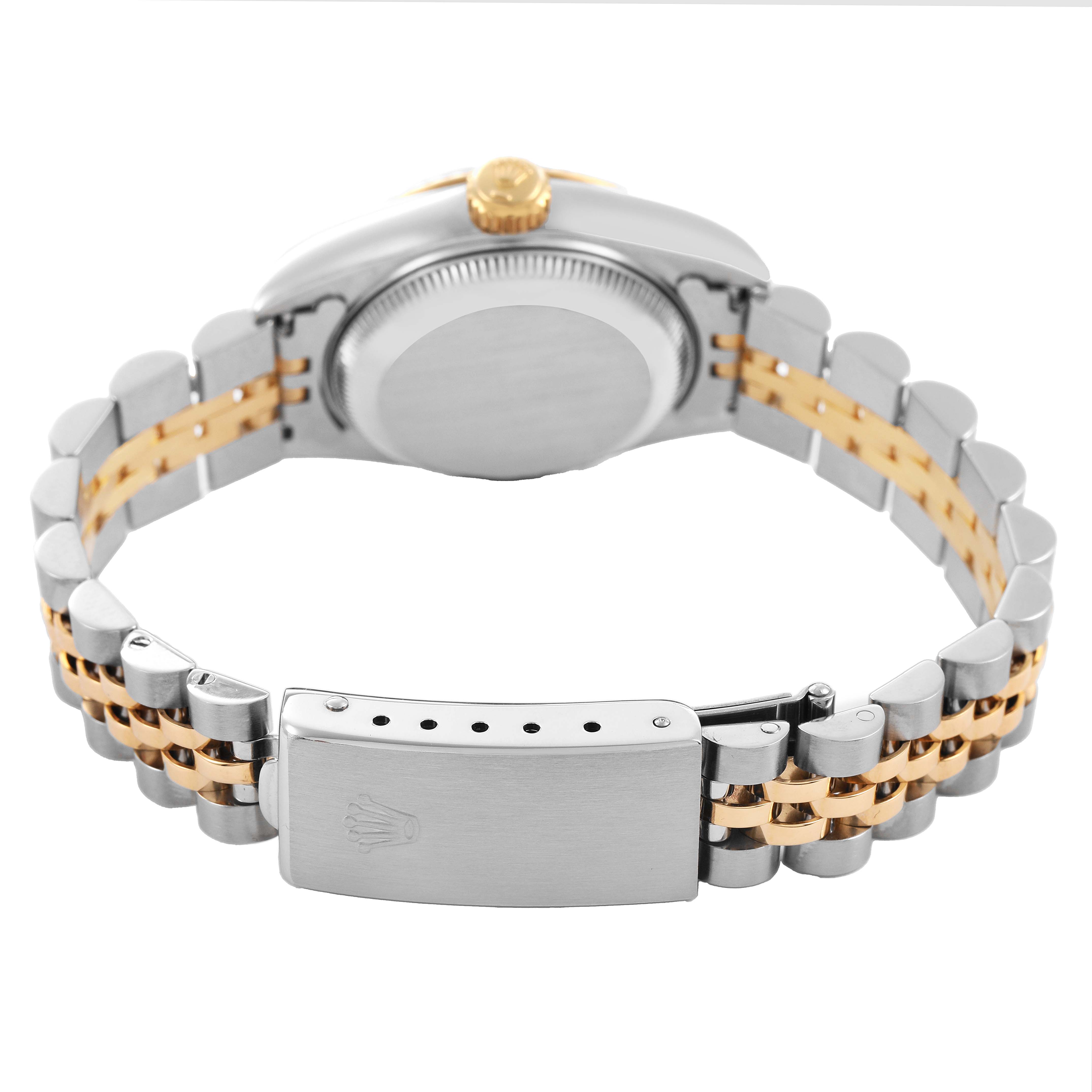 The image shows a Rolex Datejust 69173 Women's Steel and Gold (two tone) White Dial watch from the back, highlighting its two-tone bracelet and clasp.