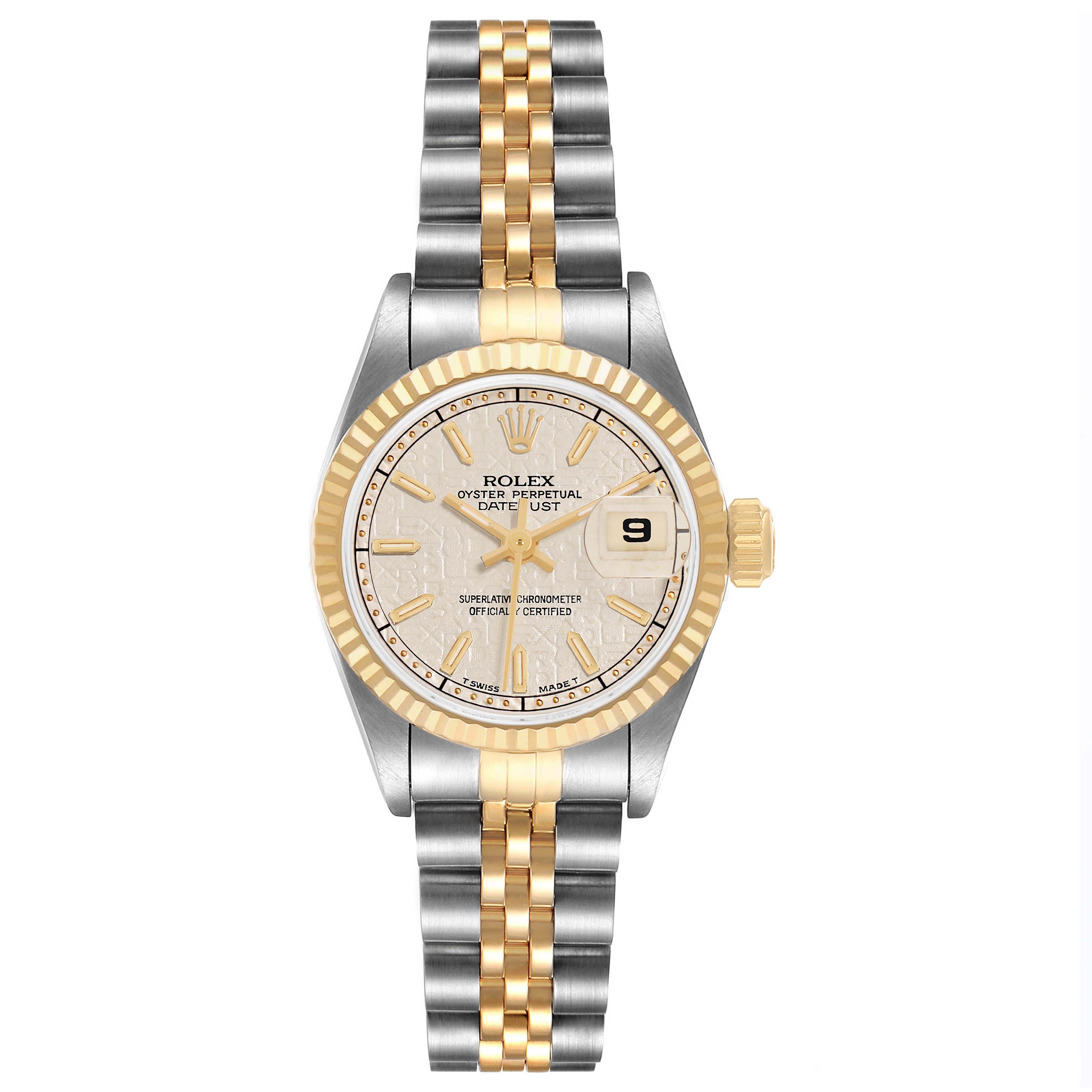 The Rolex Datejust 69173 Women's Steel and Gold (two tone) White Dial watch is shown head-on, highlighting its two-tone bracelet, fluted bezel, and silver dial.