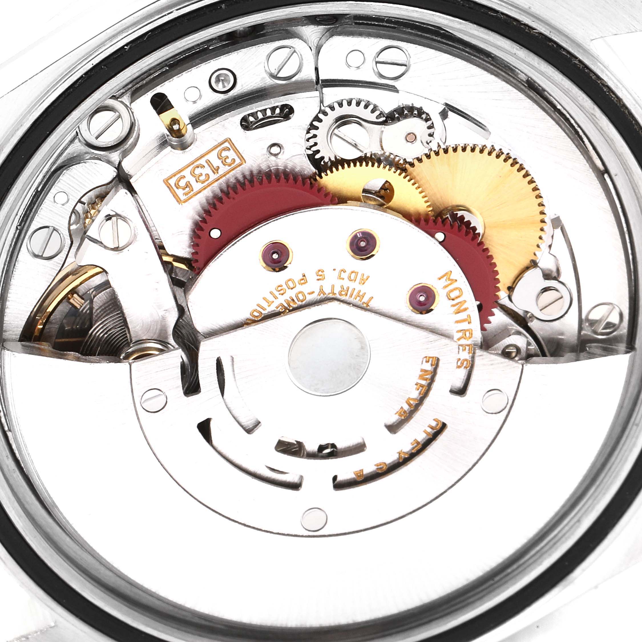 This image shows the internal movement mechanism of a Rolex Datejust 16233 Men
s Steel and Gold (two tone) Grey Dial 16233 Men
s Steel and Gold (two tone) Grey Dial watch from a back or caseback angle.