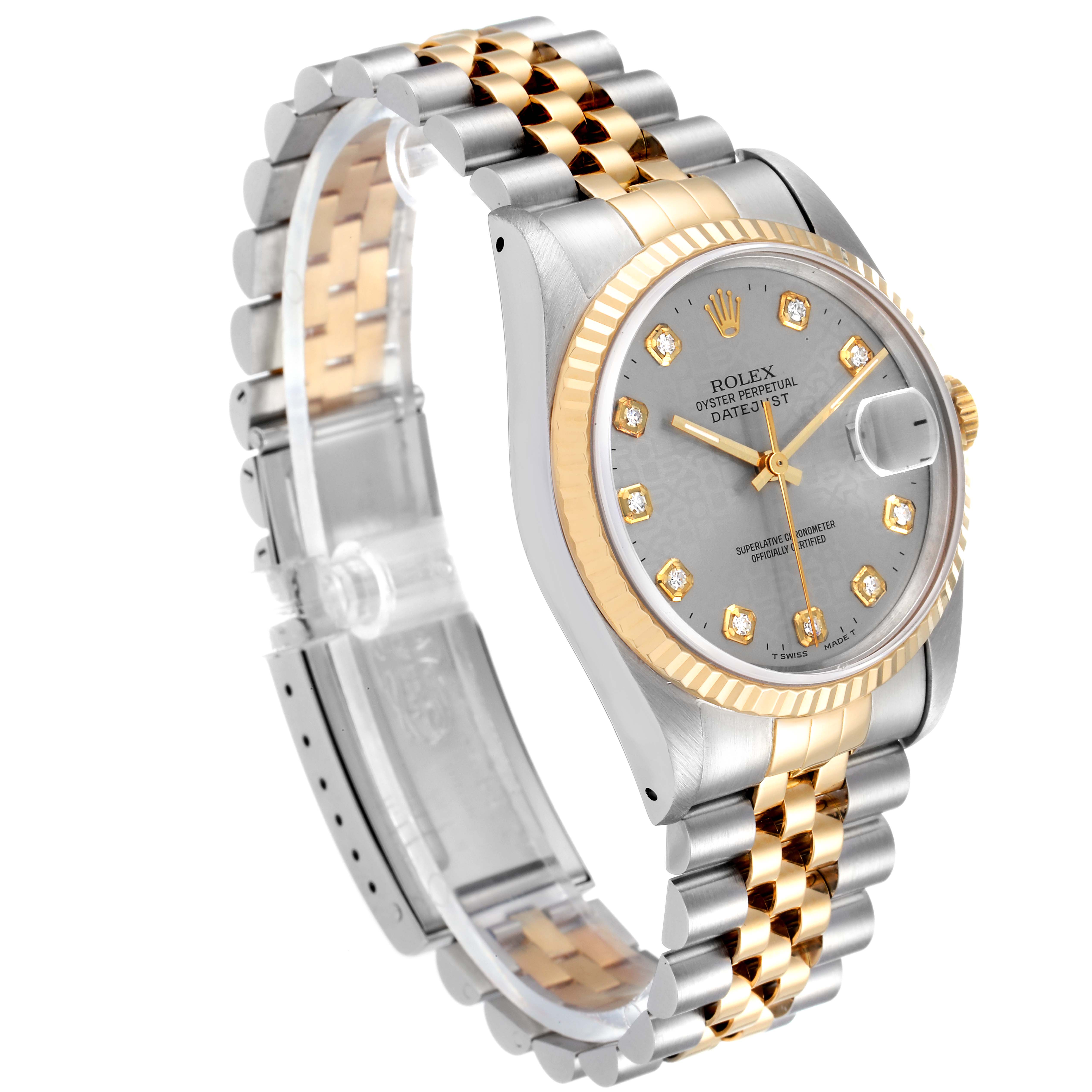 The image displays a Rolex Datejust 16233 Men
s Steel and Gold (two tone) Grey Dial 16233 Men
s Steel and Gold (two tone) Grey Dial watch angled to show the face, bezel, and part of the bracelet.