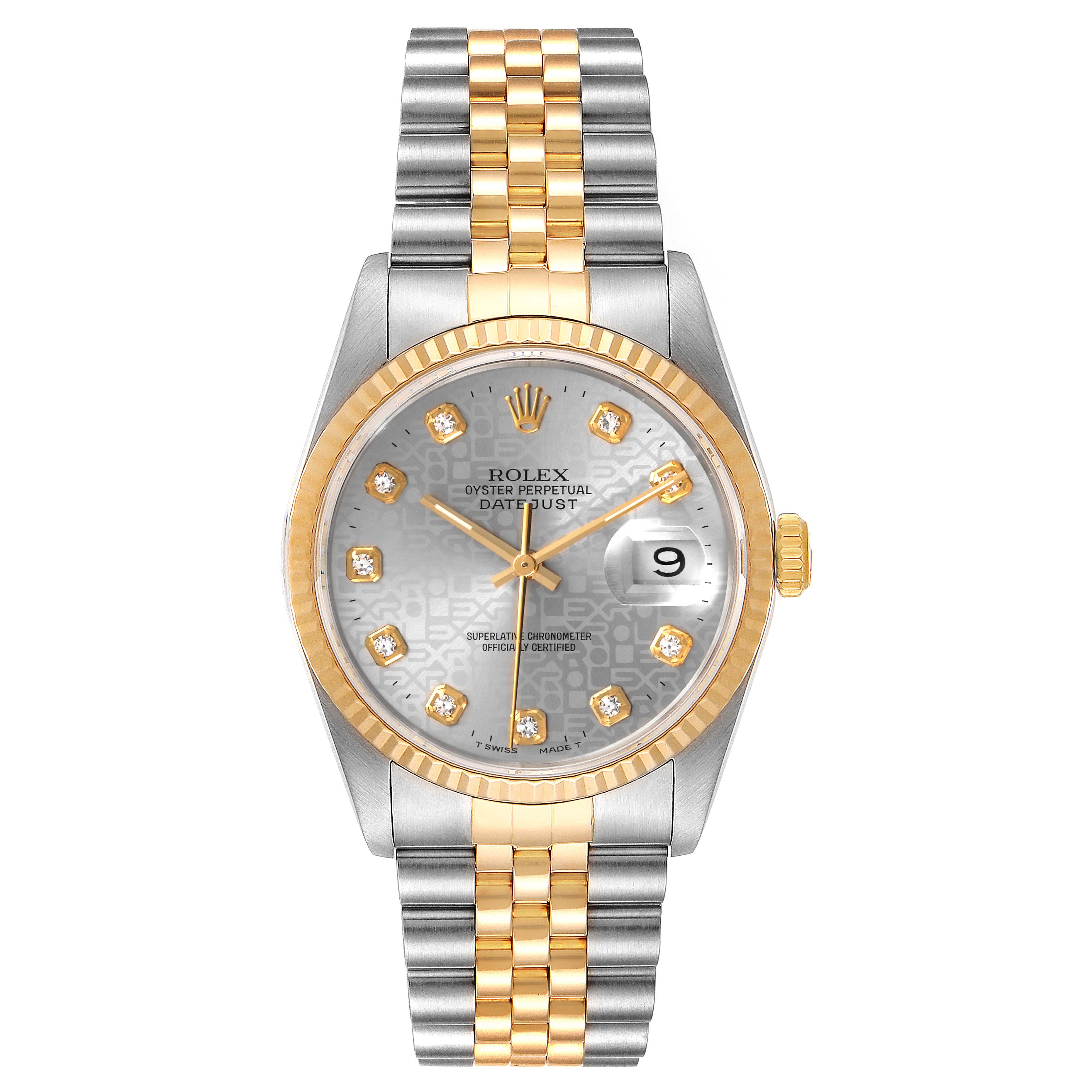 The Rolex Datejust 16233 Men
s Steel and Gold (two tone) Grey Dial 16233 Men
s Steel and Gold (two tone) Grey Dial watch is shown from the front, displaying its dial, bezel, case, and bracelet.