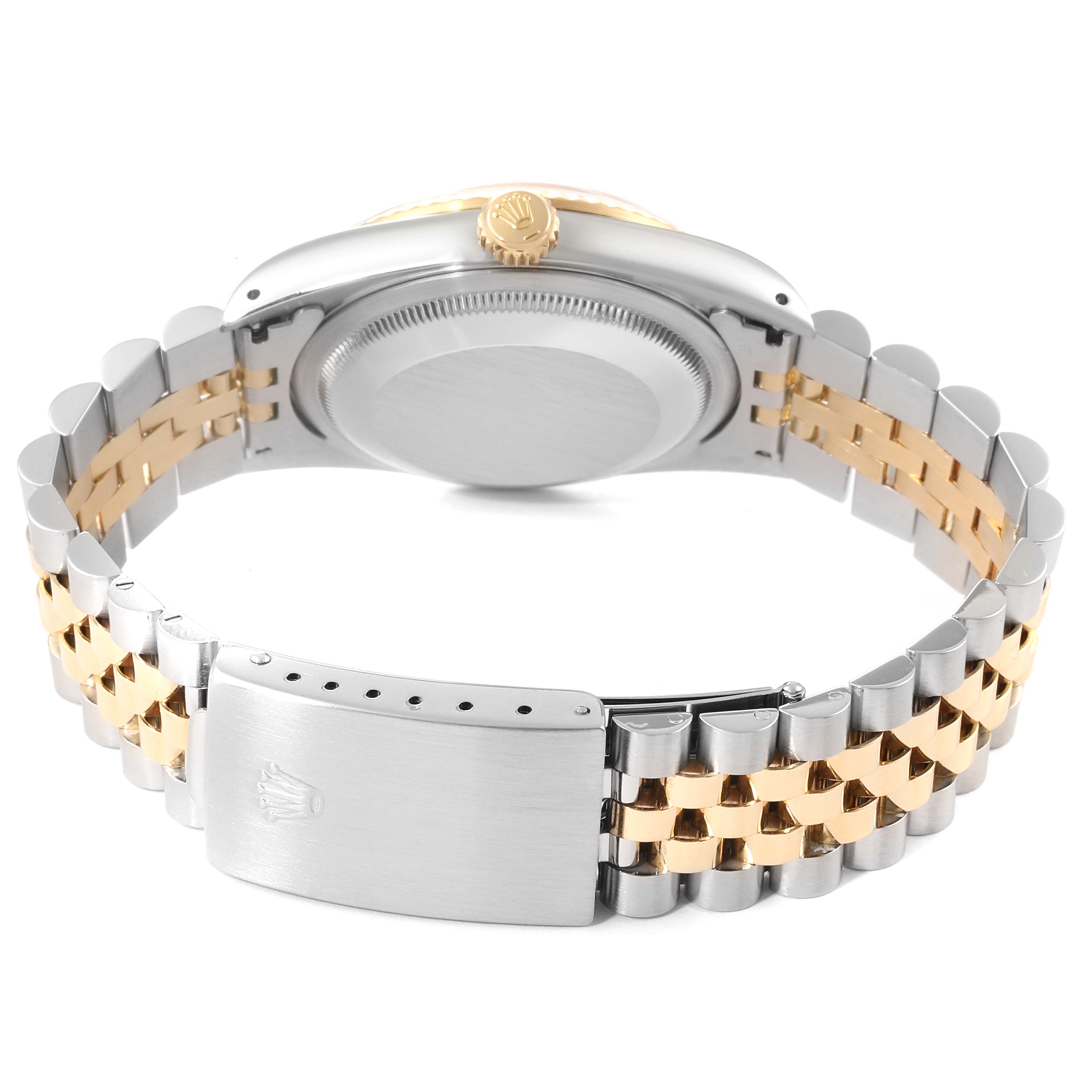 This image shows a rear view of a Rolex Datejust 16233 Men
s Steel and Gold (two tone) Grey Dial 16233 Men
s Steel and Gold (two tone) Grey Dial watch, displaying the closed case back and two-tone bracelet.