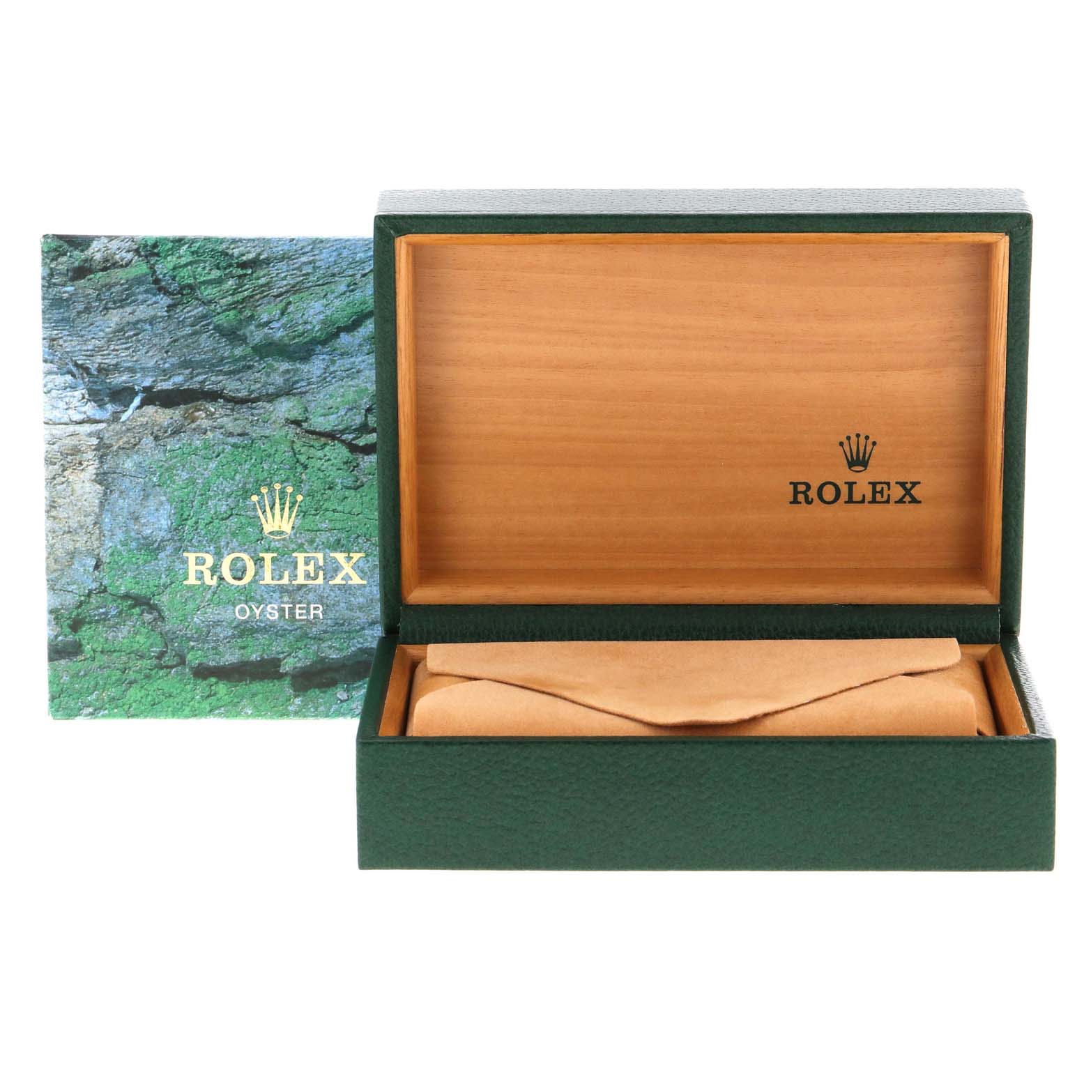 This image shows an open green and tan Rolex Datejust 16233 Men
s Steel and Gold (two tone) Grey Dial 16233 Men
s Steel and Gold (two tone) Grey Dial watch box with its cover and interior cushion.