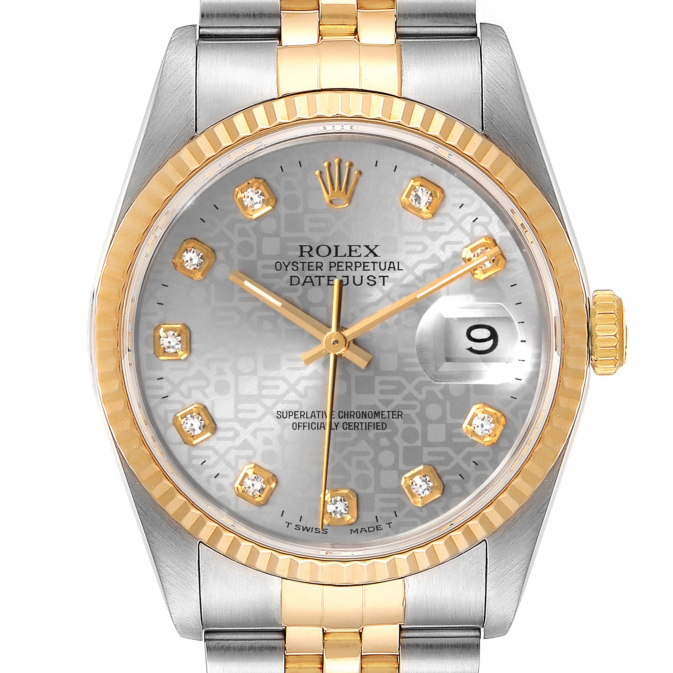 The image shows a frontal view of the Rolex Datejust 16233 Men
s Steel and Gold (two tone) Grey Dial 16233 Men
s Steel and Gold (two tone) Grey Dial watch, displaying its dial, bezel, crown, and part of the bracelet.