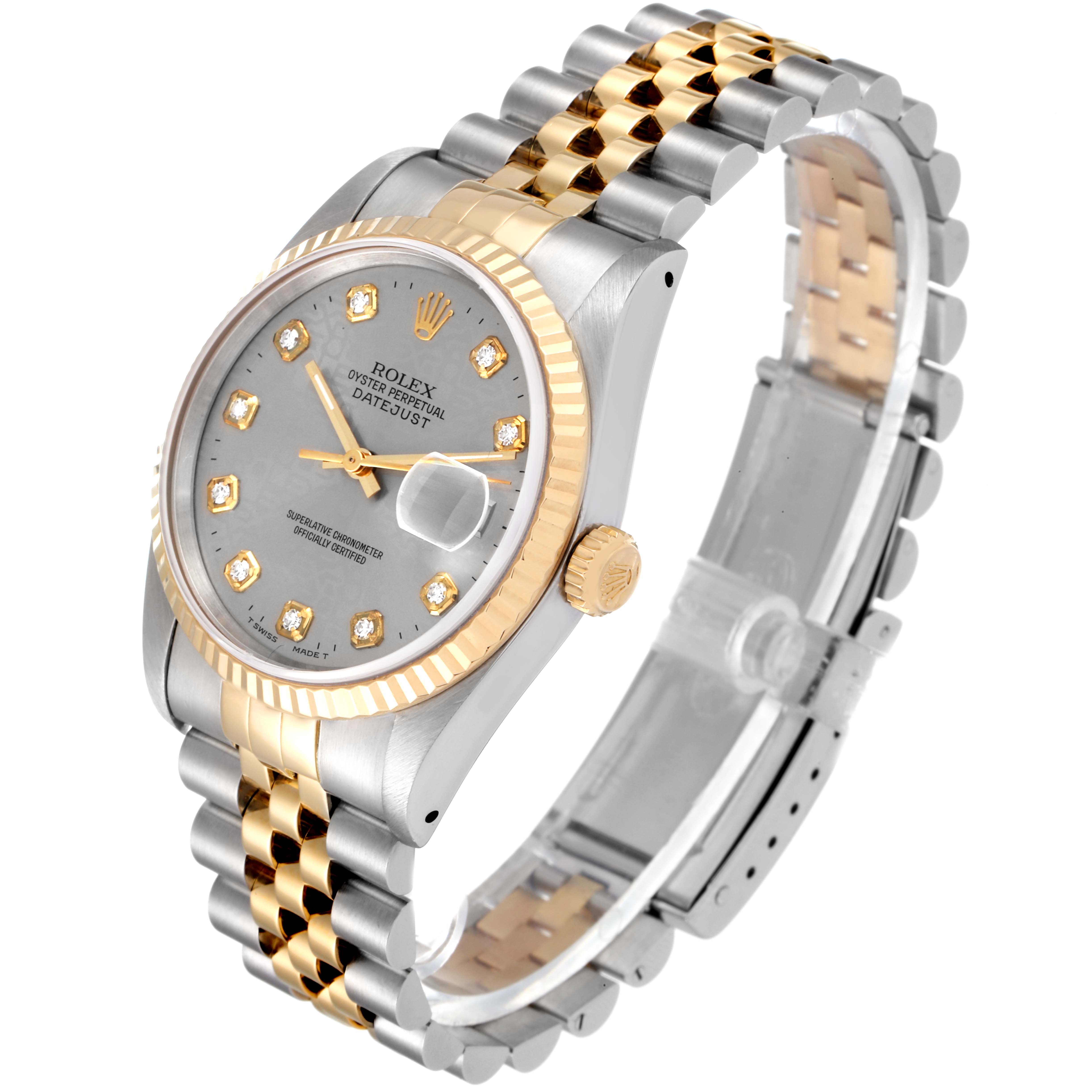 The image shows a Rolex Datejust 16233 Men
s Steel and Gold (two tone) Grey Dial 16233 Men
s Steel and Gold (two tone) Grey Dial watch at a three-quarter angle, highlighting its dial, bezel, crown, and two-tone bracelet.