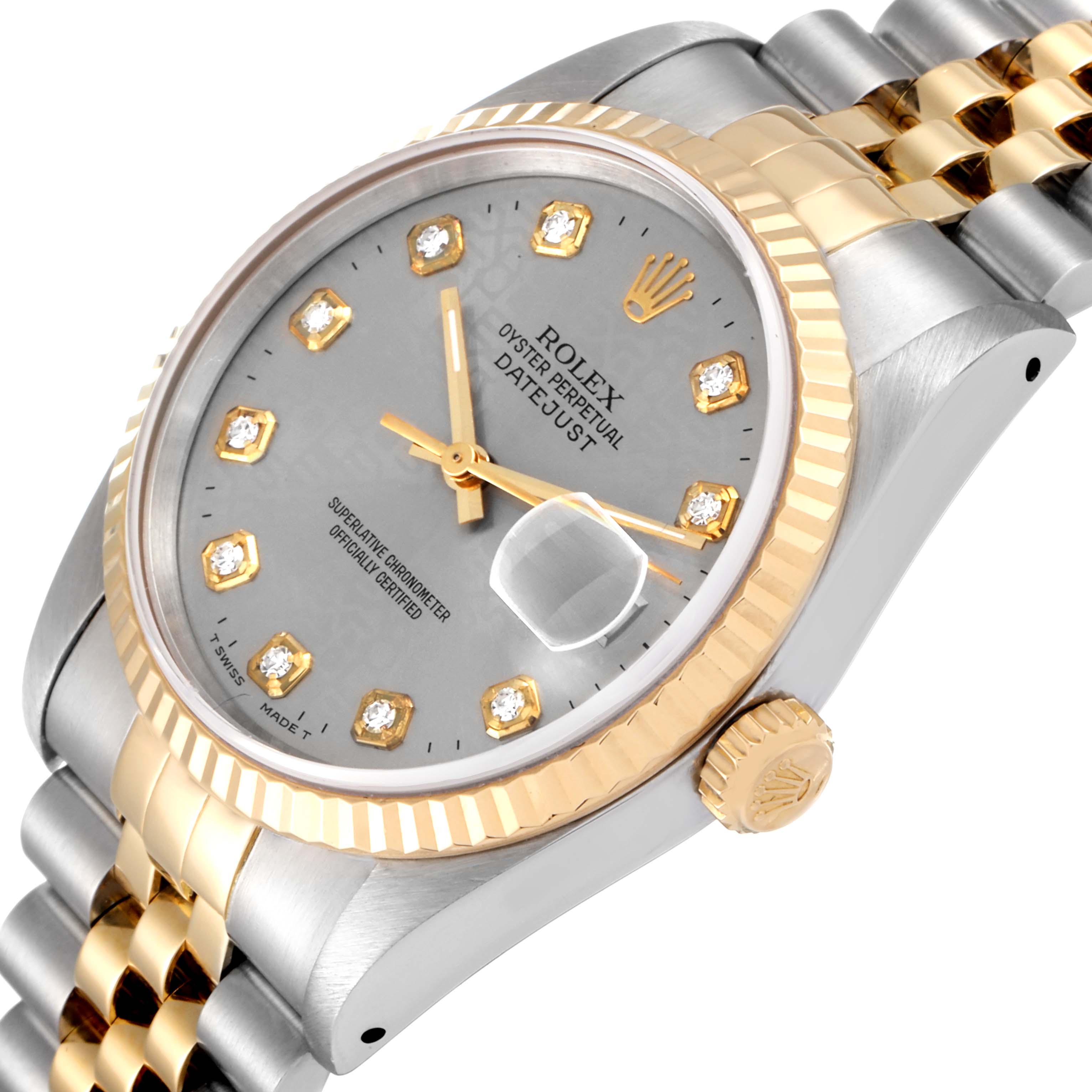 This image shows a Rolex Datejust 16233 Men
s Steel and Gold (two tone) Grey Dial 16233 Men
s Steel and Gold (two tone) Grey Dial watch at an angle highlighting the dial, bezel, crown, and part of the bracelet.