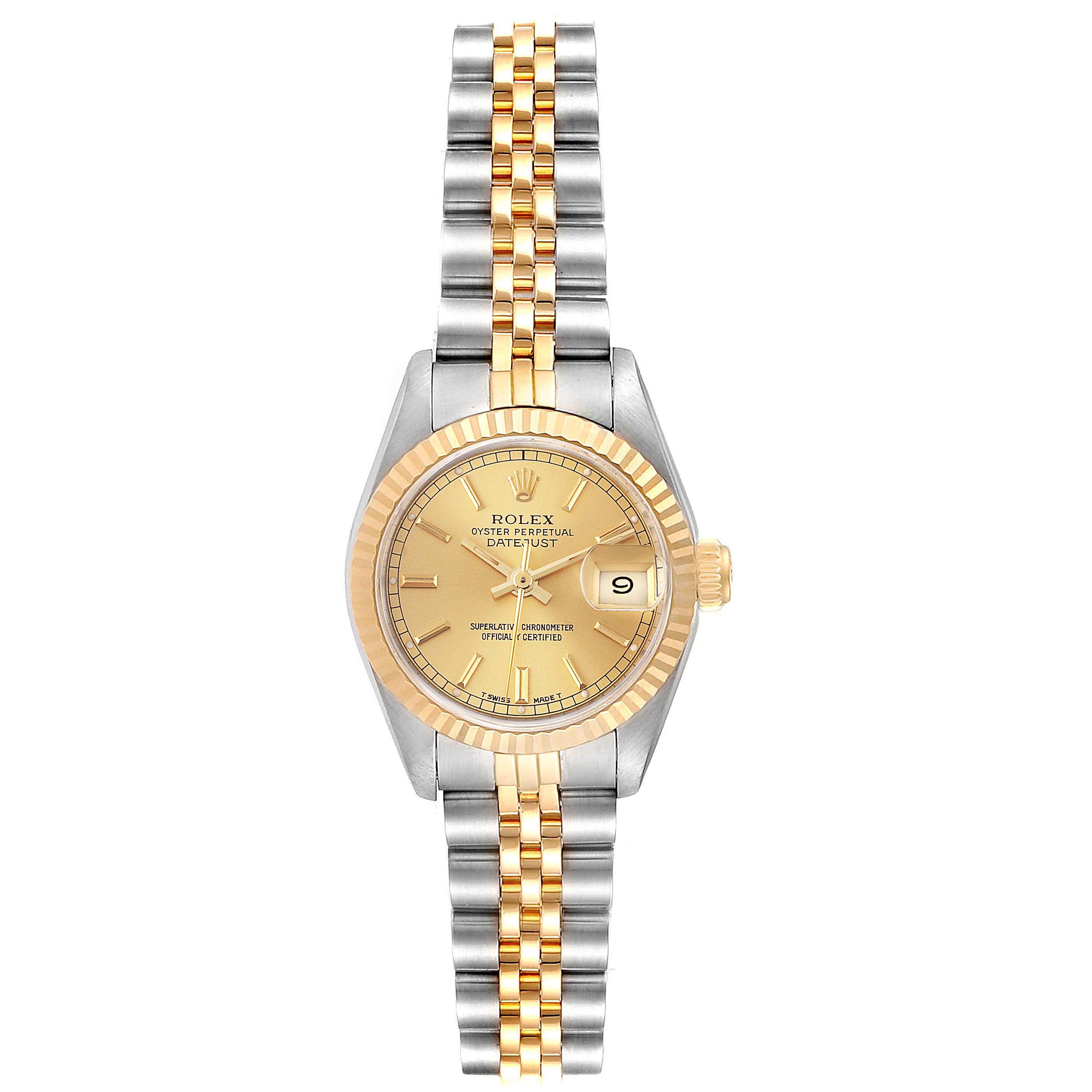 This image shows the front view of a Rolex Datejust 69173 Women
s Steel and Gold (two tone) Champagne Dial 69173 Women
s Steel and Gold (two tone) Champagne Dial watch with a two-tone bracelet and a gold dial.
