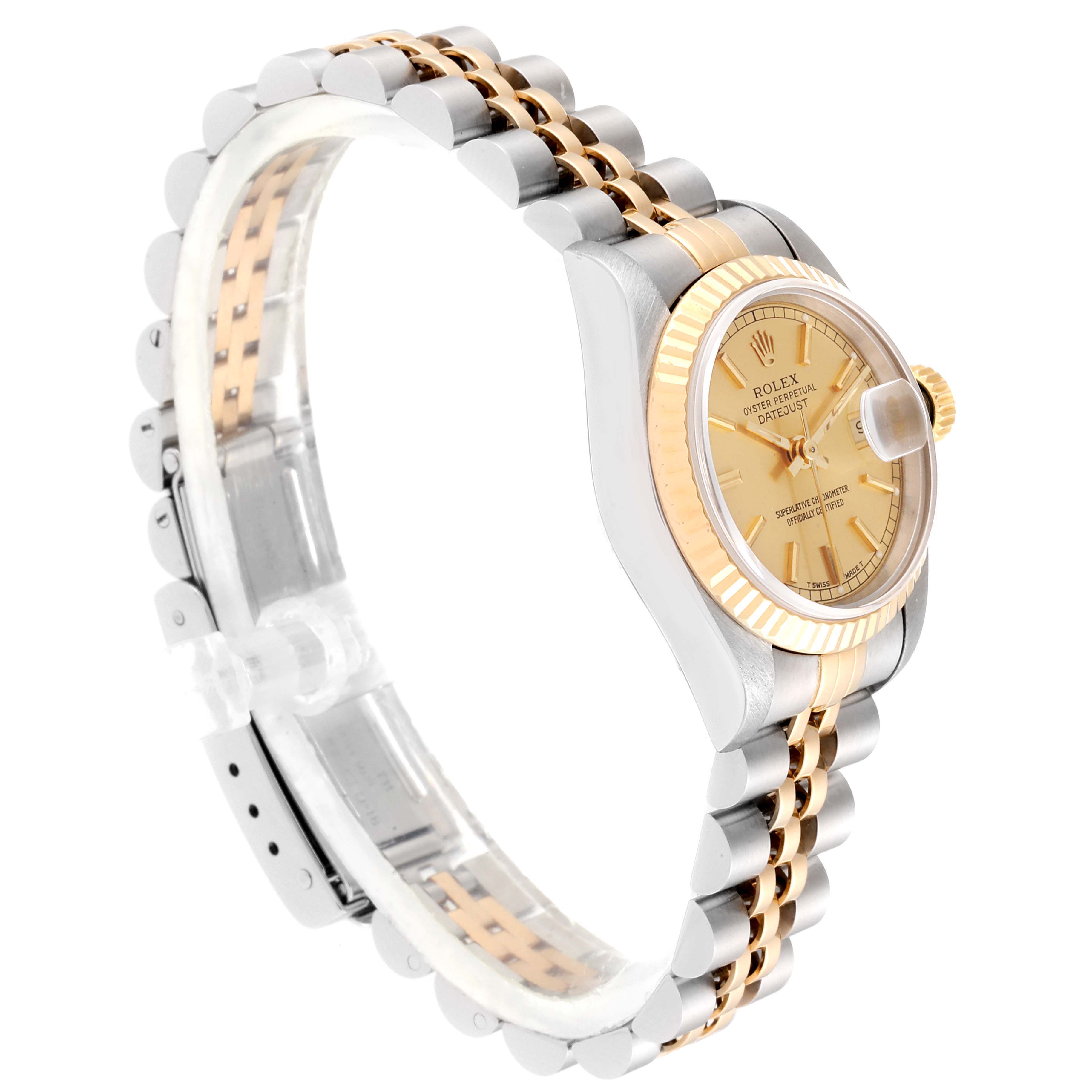 The image shows a side view of a Rolex Datejust 69173 Women
s Steel and Gold (two tone) Champagne Dial 69173 Women
s Steel and Gold (two tone) Champagne Dial watch, highlighting its gold face, fluted bezel, and two-tone Jubilee bracelet.