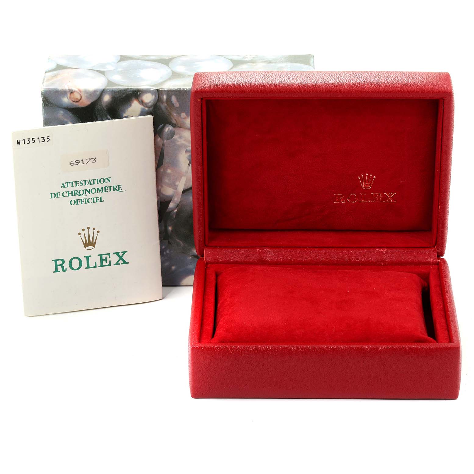 The image shows an open red Rolex box, an Best Quality
ity certificate, and outer packaging for the Rolex Datejust 69173 Women
s Steel and Gold (two tone) Champagne Dial 69173 Women
s Steel and Gold (two tone) Champagne Dial model.