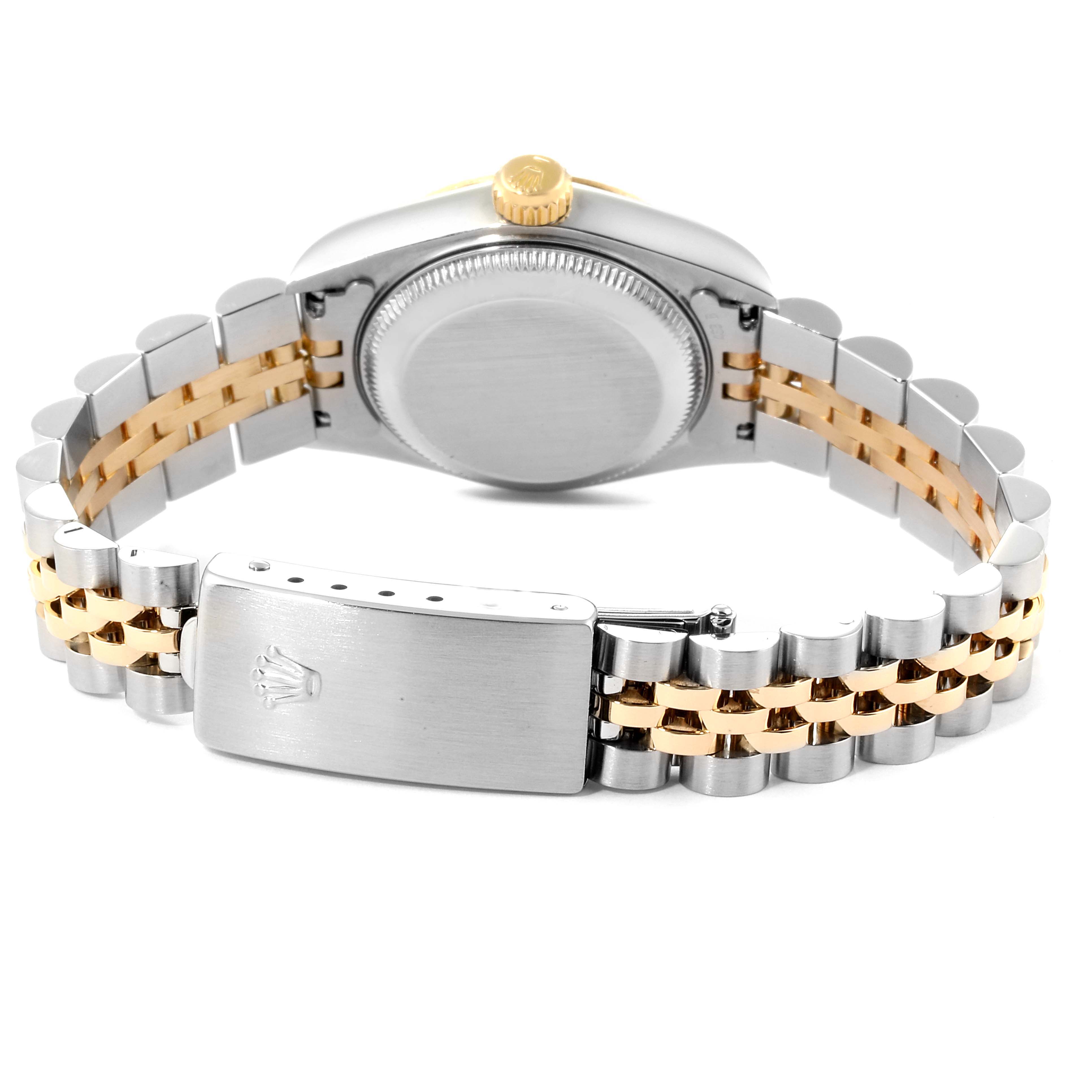 This Rolex Datejust 69173 Women
s Steel and Gold (two tone) Champagne Dial 69173 Women
s Steel and Gold (two tone) Champagne Dial watch is shown from the back, highlighting the case back, crown, and bi-tone bracelet with the clasp open.