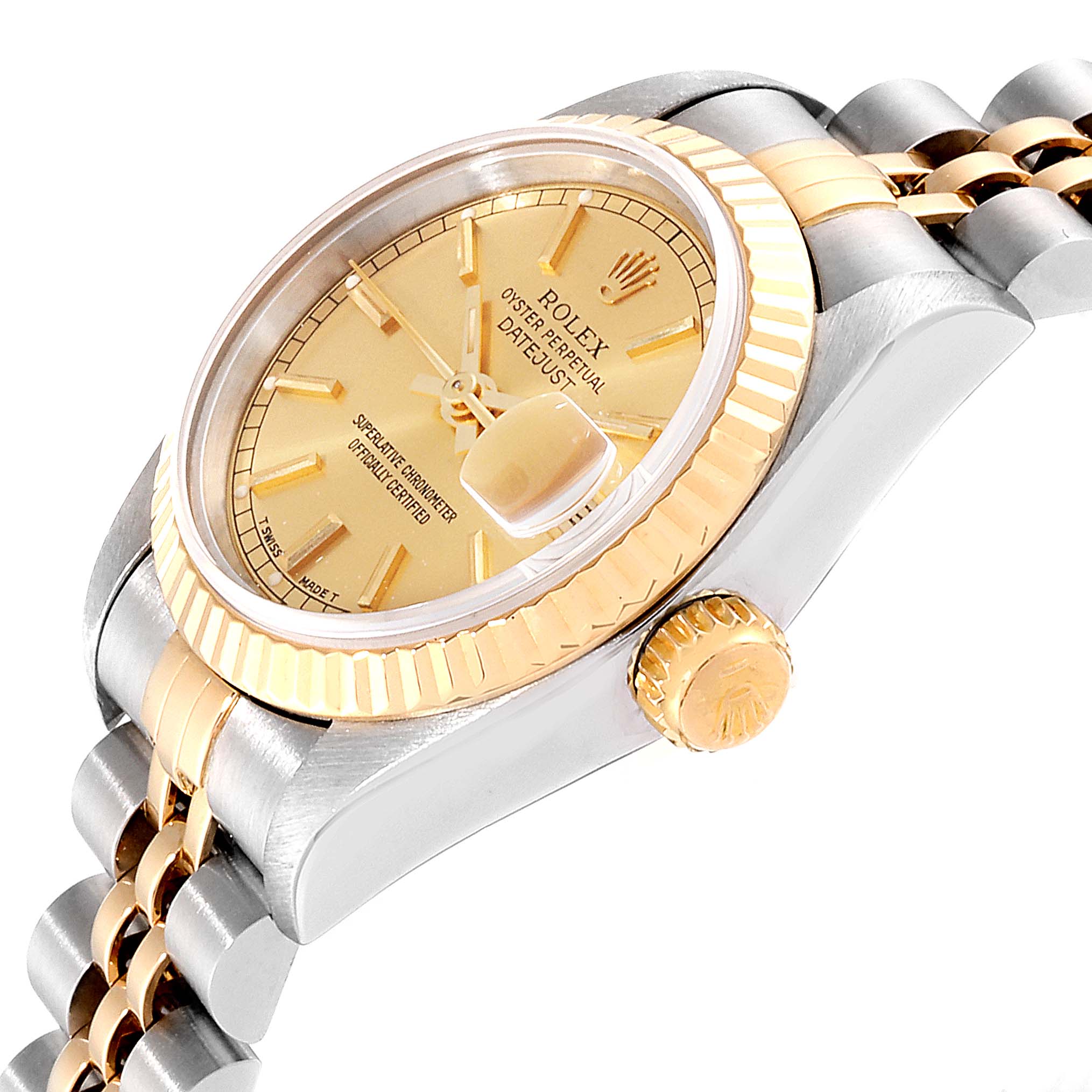 This image shows a Rolex Datejust 69173 Women
s Steel and Gold (two tone) Champagne Dial 69173 Women
s Steel and Gold (two tone) Champagne Dial watch angled to display the face, bezel, and partial bracelet.