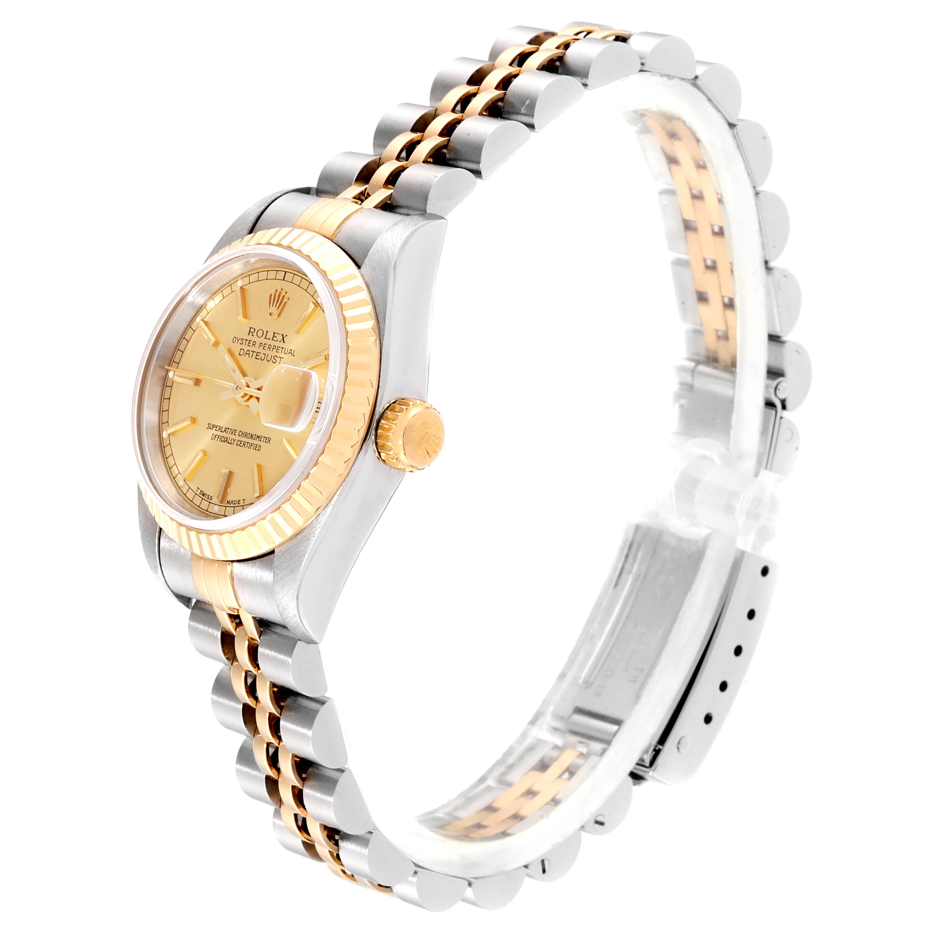 The Rolex Datejust 69173 Women
s Steel and Gold (two tone) Champagne Dial 69173 Women
s Steel and Gold (two tone) Champagne Dial watch is shown at a side angle, featuring the dial, bezel, crown, and two-tone bracelet.