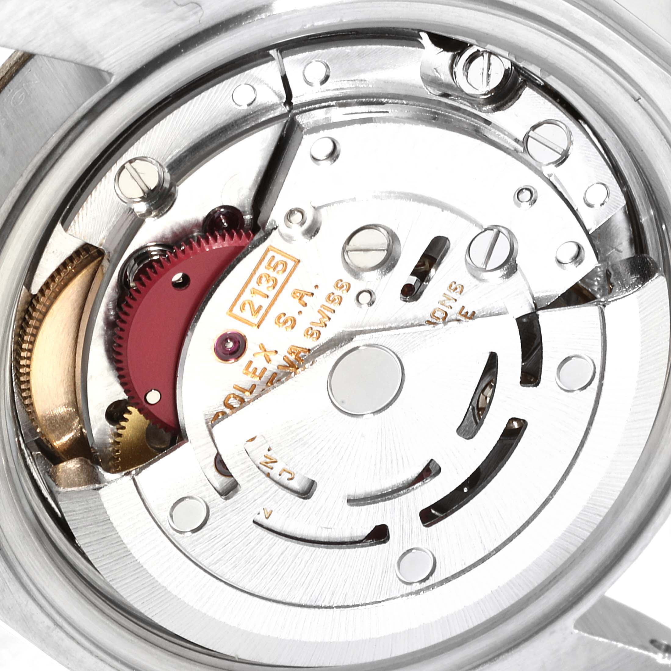 This is a close-up view of the Rolex Datejust 69173 Women
s Steel and Gold (two tone) Champagne Dial 69173 Women
s Steel and Gold (two tone) Champagne Dial watch
s movement from the back.