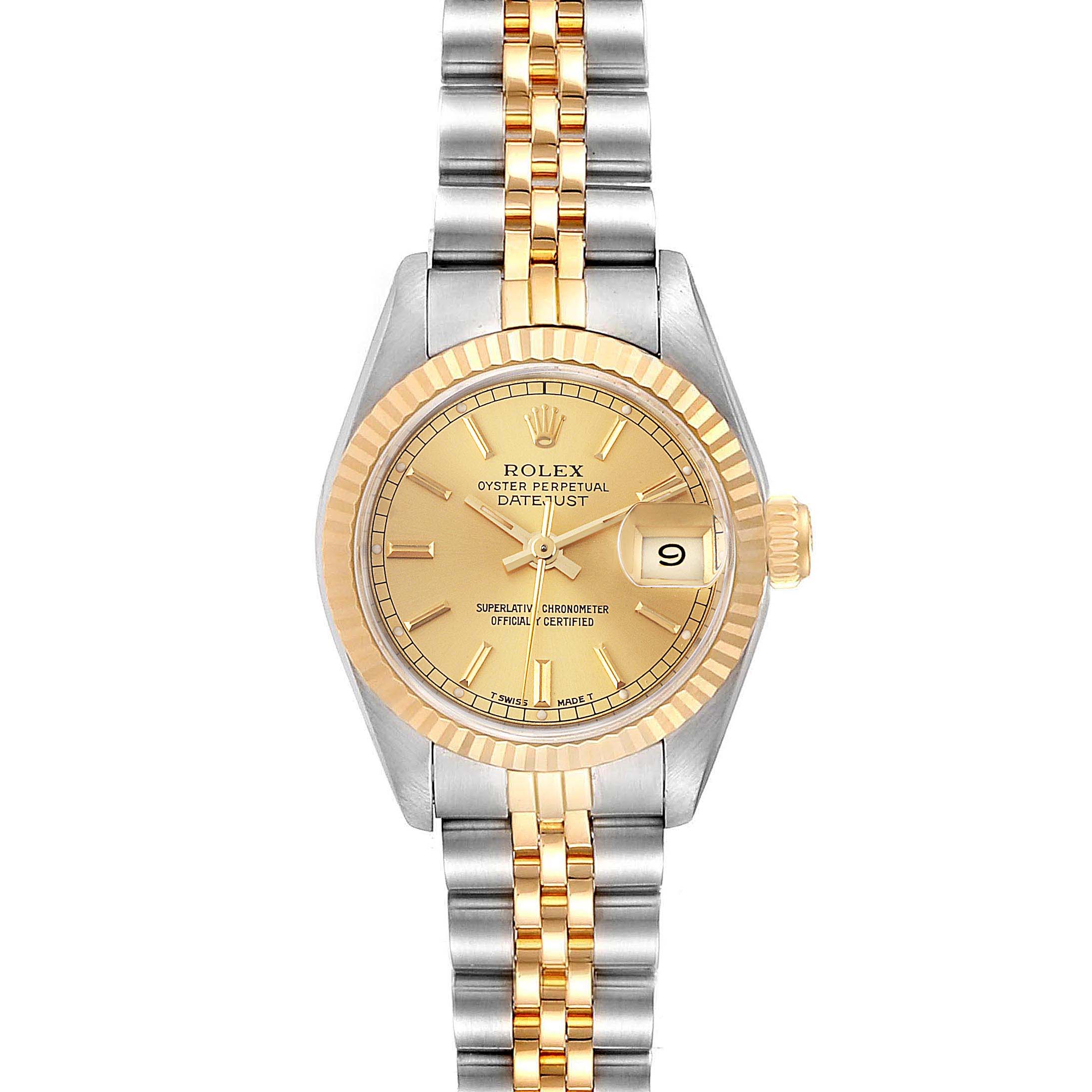 This image shows a front view of the Rolex Datejust 69173 Women
s Steel and Gold (two tone) Champagne Dial 69173 Women
s Steel and Gold (two tone) Champagne Dial watch, highlighting its dial, bezel, and two-tone bracelet.