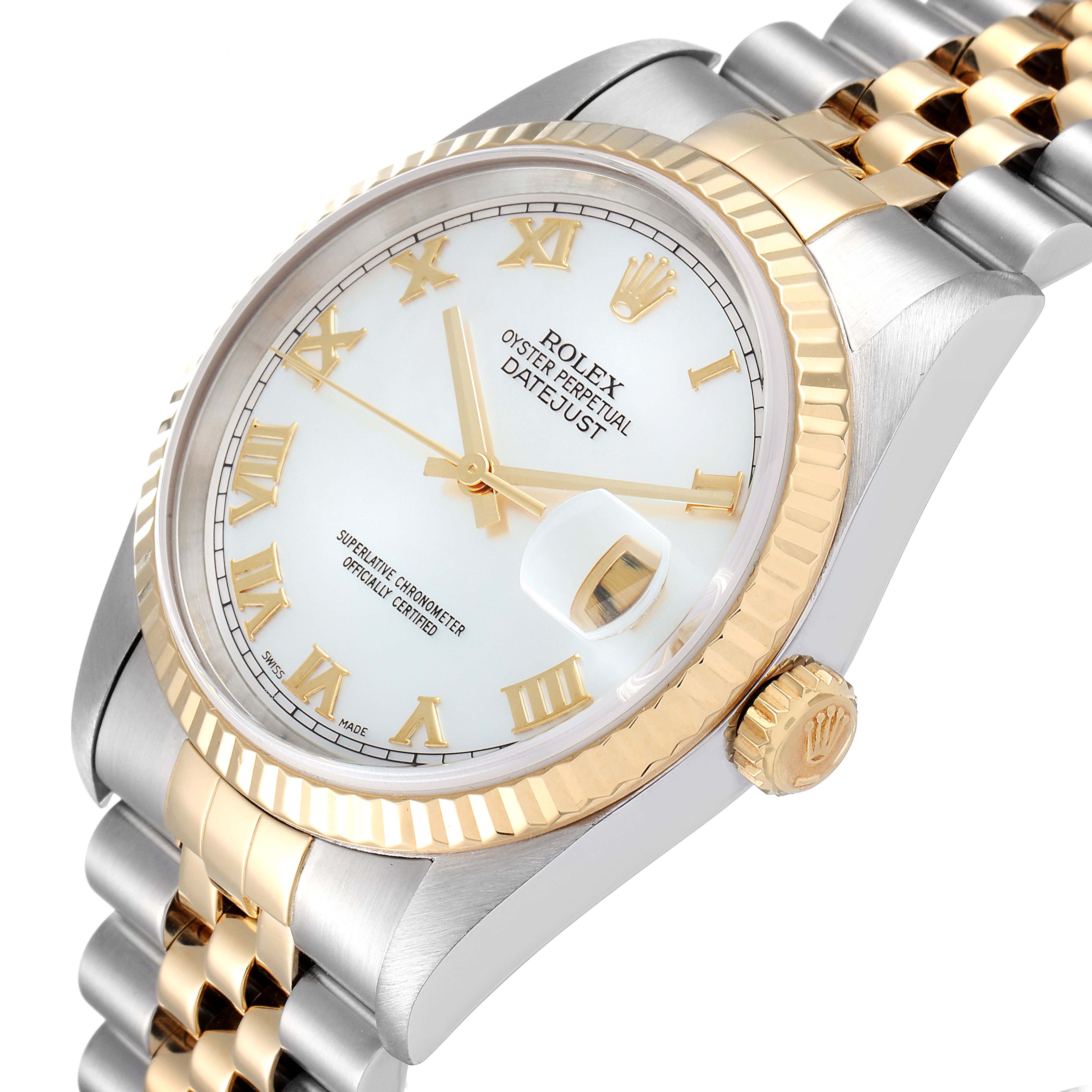 This Rolex Datejust 16233 Men's Steel and Gold (two tone) Mother of Pearl Dial 16233 Men's Steel and Gold (two tone) Mother of Pearl Dial watch is shown from an angled close-up, highlighting the face, bezel, crown, and part of the bracelet.