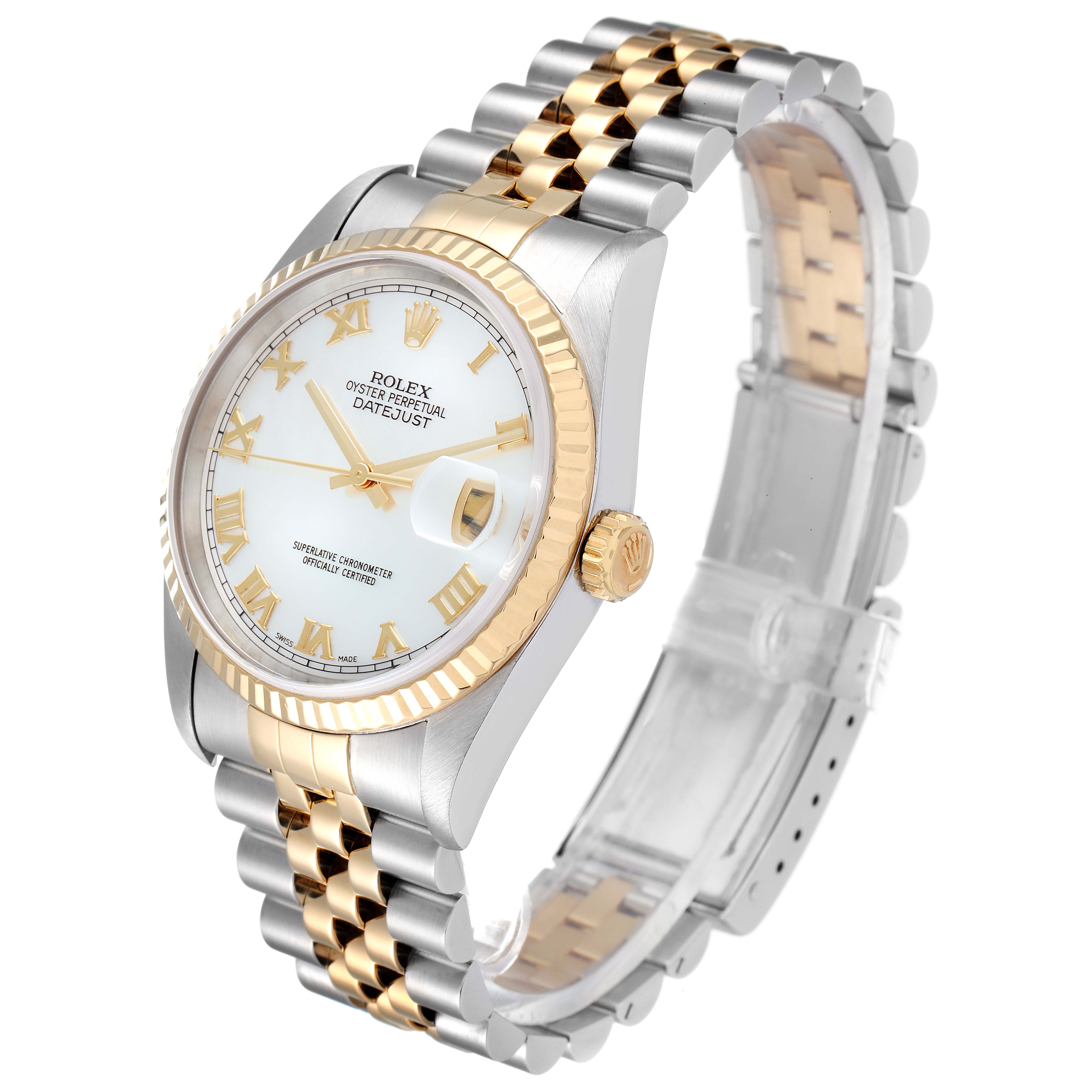 The image shows a Rolex Datejust 16233 Men's Steel and Gold (two tone) Mother of Pearl Dial 16233 Men's Steel and Gold (two tone) Mother of Pearl Dial watch at a 3/4 angle featuring the face, crown, bezel, and bracelet.