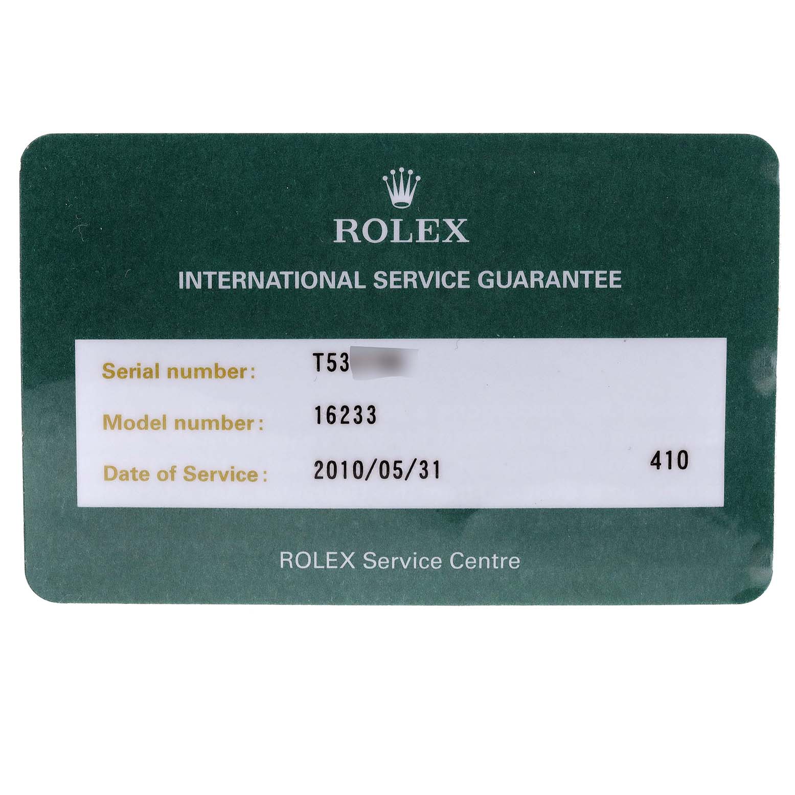The image shows the Rolex international service guarantee card for the Datejust model 16233.