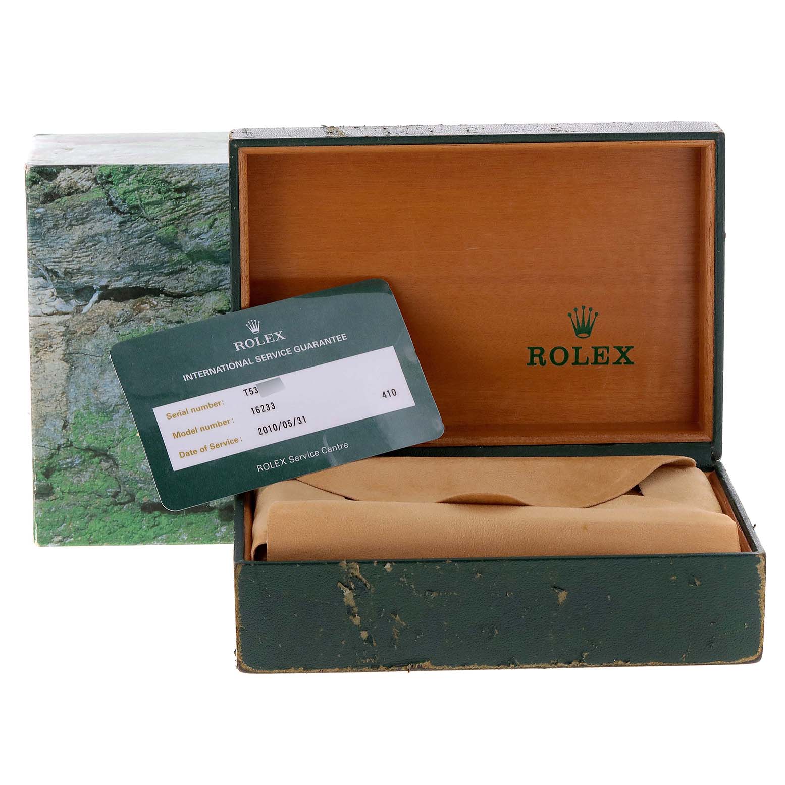 The image shows a Rolex Datejust 16233 Men's Steel and Gold (two tone) Mother of Pearl Dial 16233 Men's Steel and Gold (two tone) Mother of Pearl Dial model box and international service guarantee card, viewed from the front.