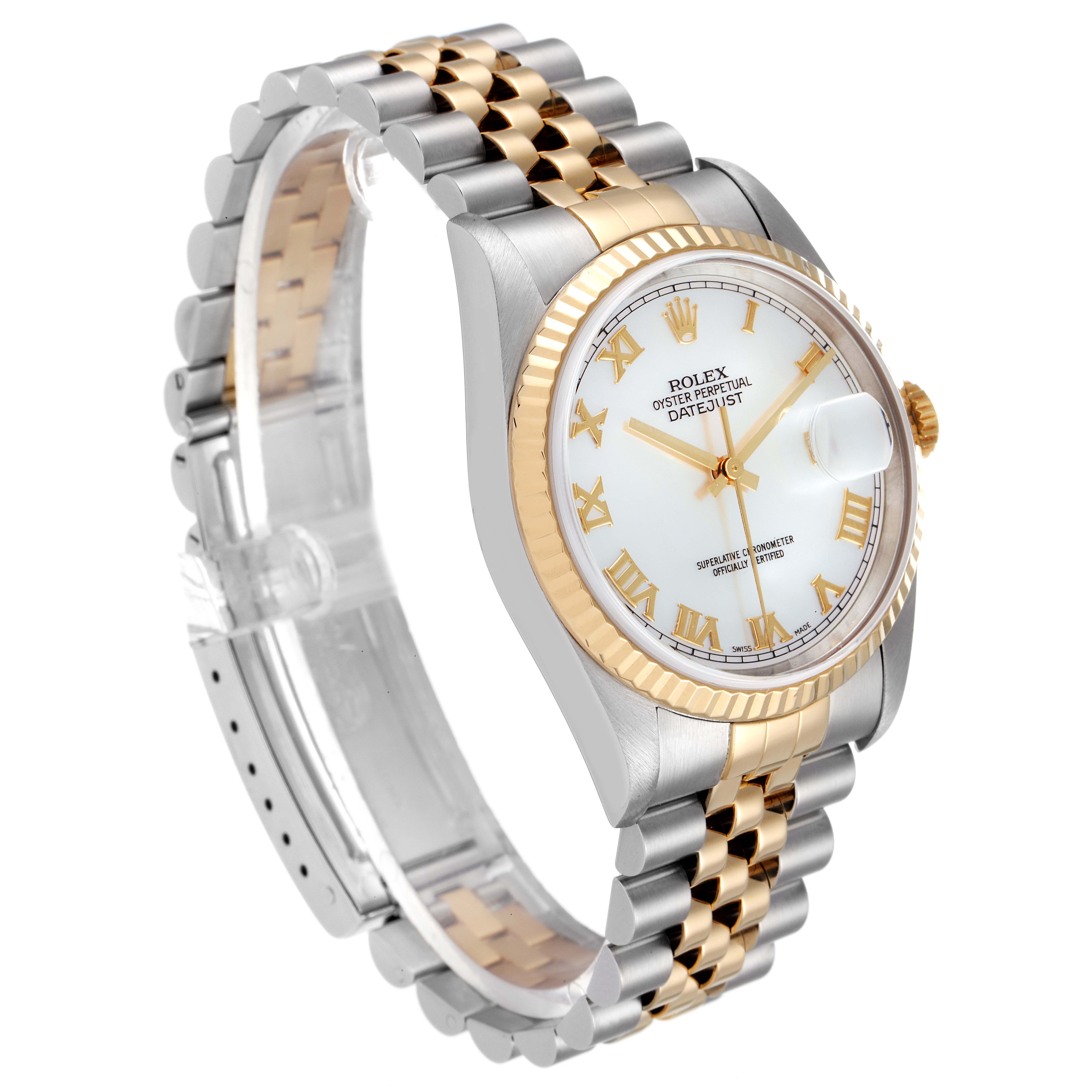 This image of a Rolex Datejust 16233 Men's Steel and Gold (two tone) Mother of Pearl Dial 16233 Men's Steel and Gold (two tone) Mother of Pearl Dial watch is taken at a three-quarter angle, showcasing the face, bezel, crown, and bracelet.