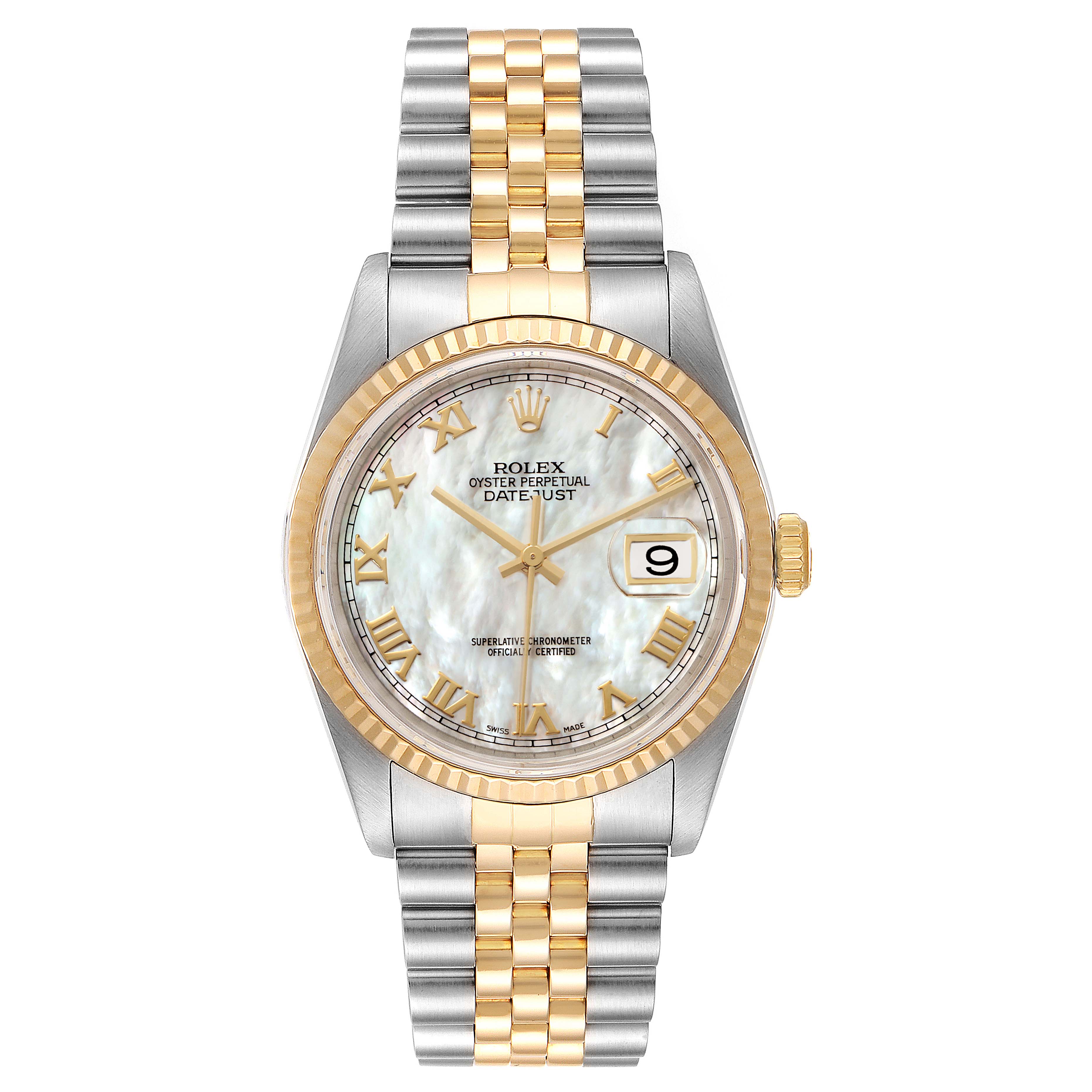 The Rolex Datejust 16233 Men's Steel and Gold (two tone) Mother of Pearl Dial 16233 Men's Steel and Gold (two tone) Mother of Pearl Dial model is shown at a front angle, displaying the dial, bezel, crown, and bracelet.