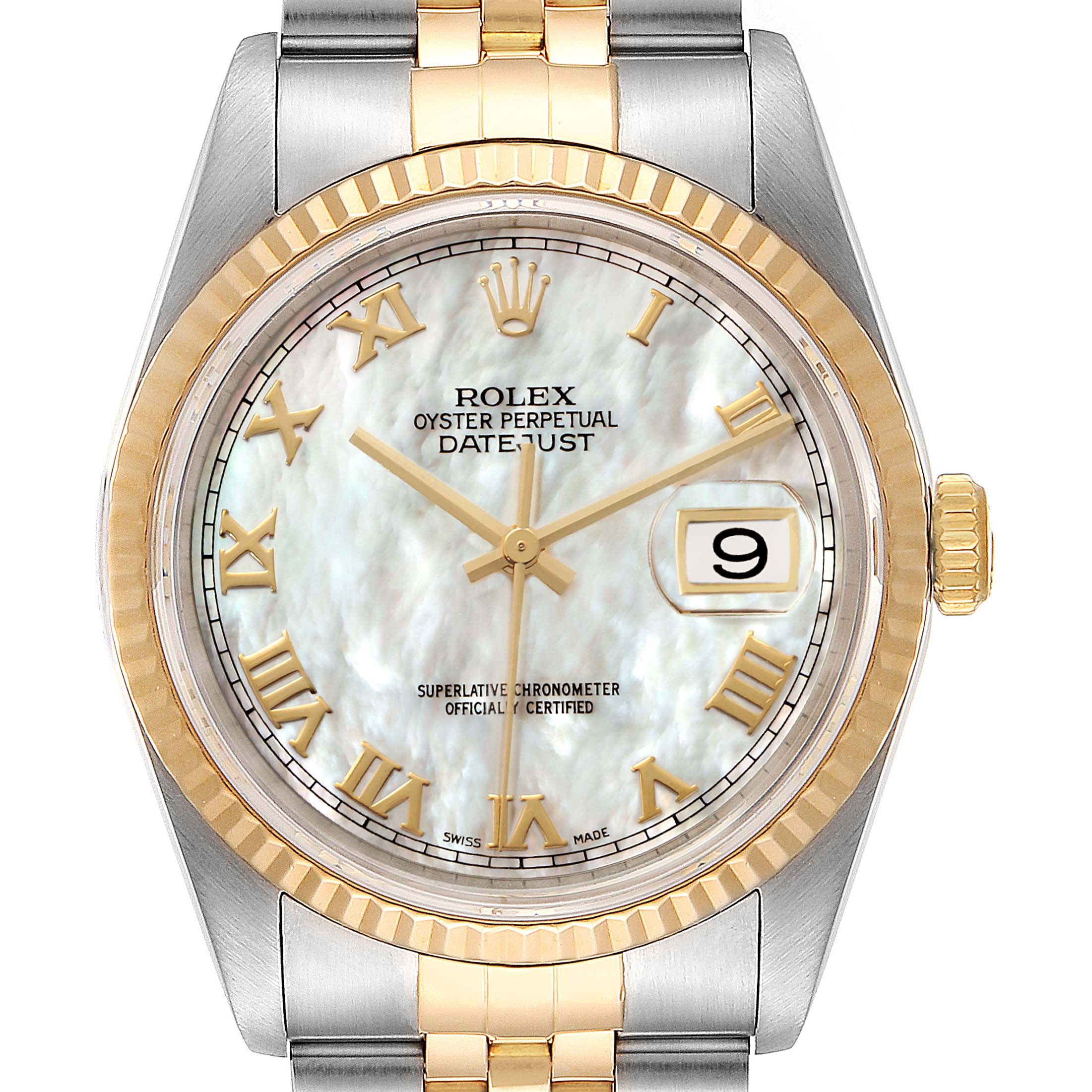 This is a front view of a Rolex Datejust 16233 Men's Steel and Gold (two tone) Mother of Pearl Dial 16233 Men's Steel and Gold (two tone) Mother of Pearl Dial, showing the dial, bezel, crown, and part of the bracelet.