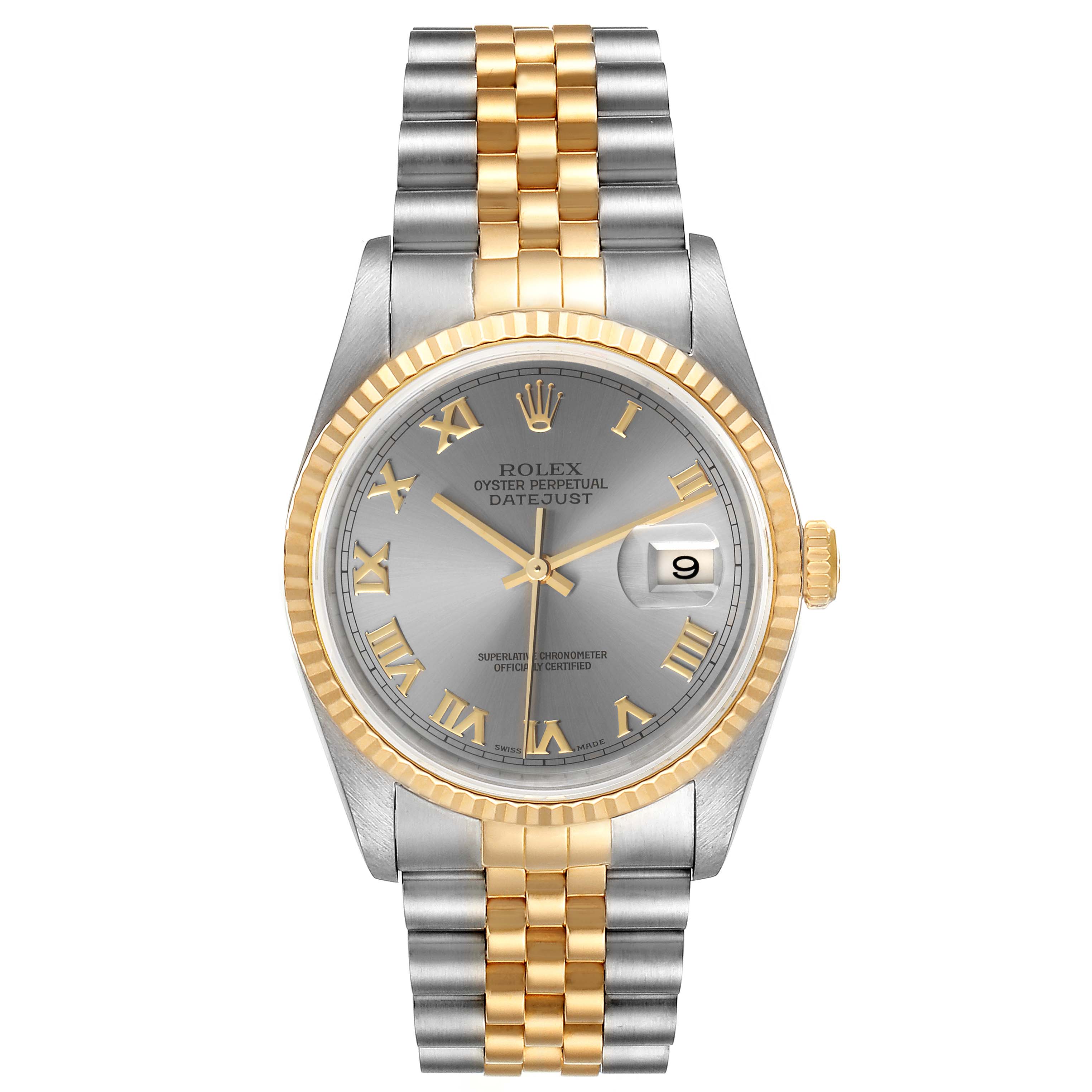 Front view of a Rolex Datejust 16233 Men
s Steel and Gold (two tone) Grey Dial 16233 Men
s Steel and Gold (two tone) Grey Dial watch displaying the face, bezel, and two-tone bracelet.