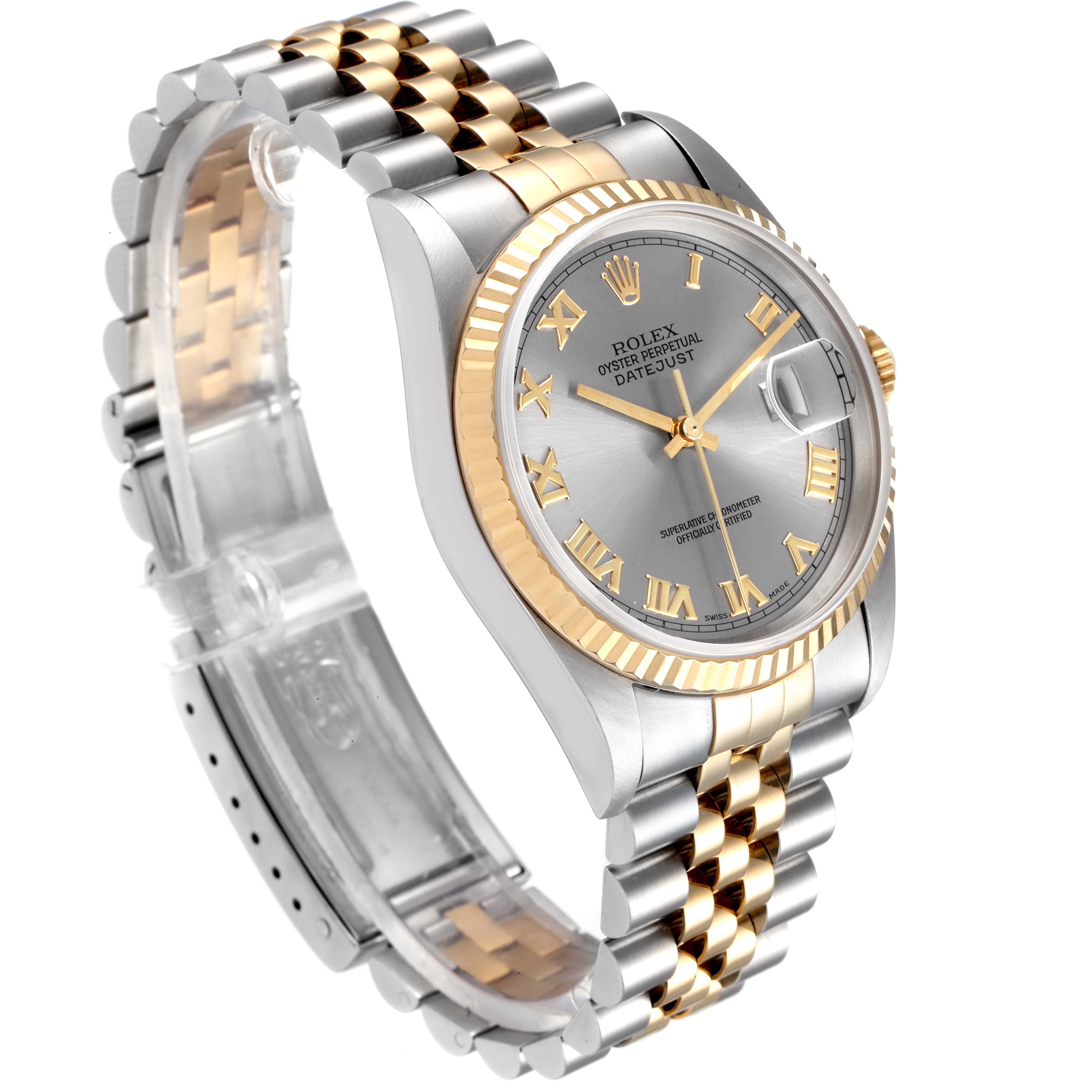 The image displays a Rolex Datejust 16233 Men
s Steel and Gold (two tone) Grey Dial 16233 Men
s Steel and Gold (two tone) Grey Dial watch at a three-quarter angle, showcasing its two-tone bracelet, fluted bezel, and silver dial with Roman numerals.
