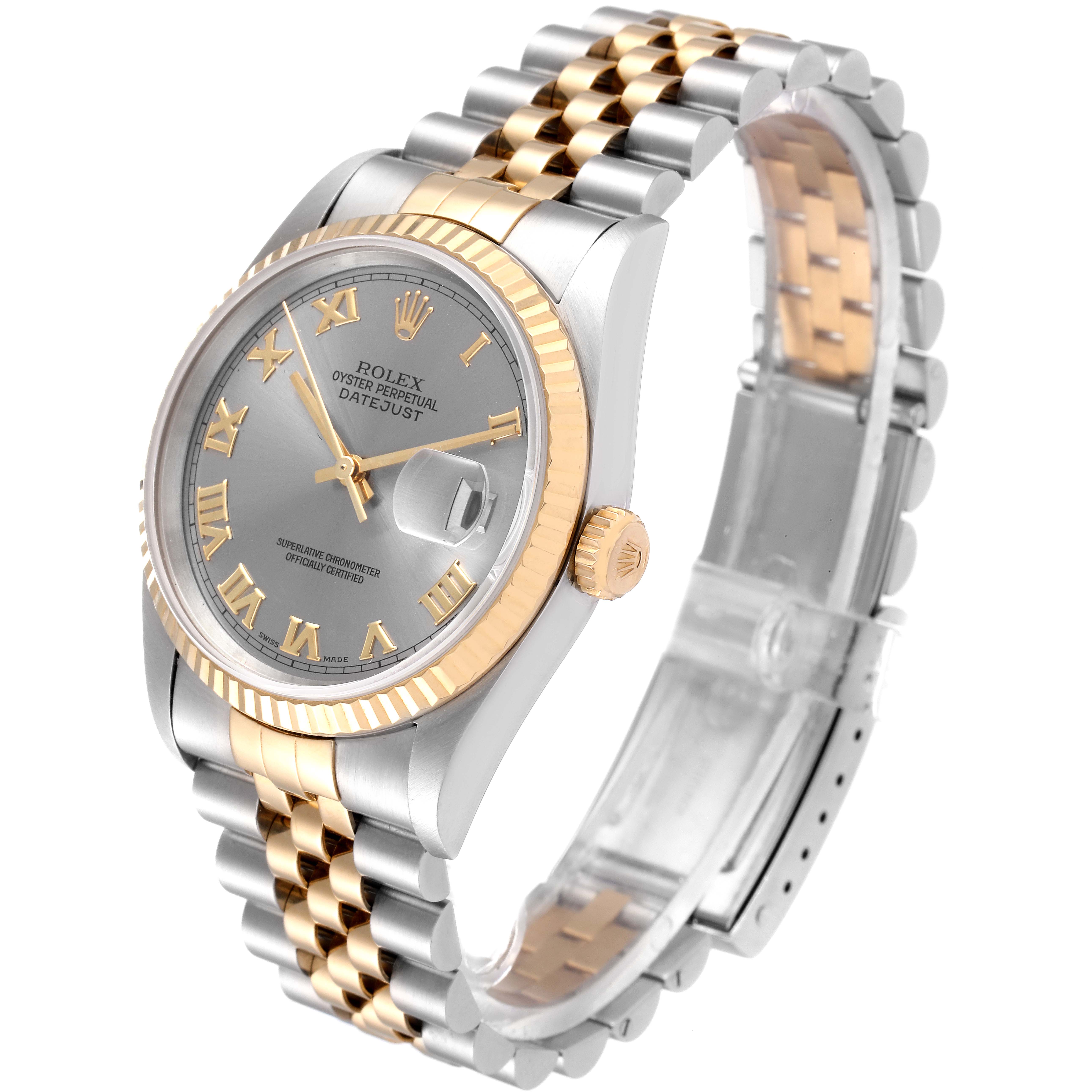 The image shows a Rolex Datejust 16233 Men
s Steel and Gold (two tone) Grey Dial 16233 Men
s Steel and Gold (two tone) Grey Dial watch at an angled view, highlighting the dial, bezel, crown, and two-tone bracelet.