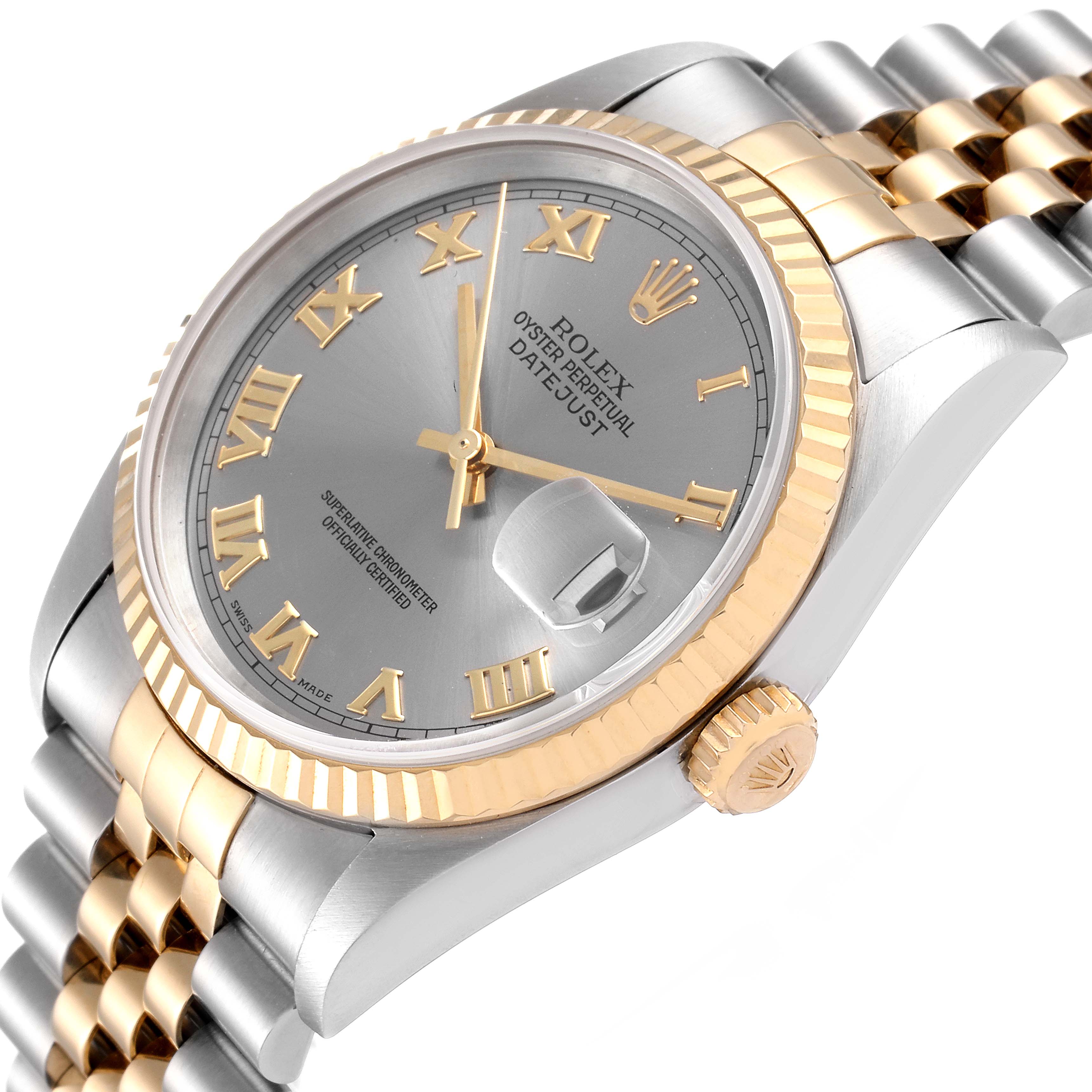 This image shows a Rolex Datejust 16233 Men
s Steel and Gold (two tone) Grey Dial 16233 Men
s Steel and Gold (two tone) Grey Dial watch at an oblique angle displaying the dial, bezel, crown, and part of the bracelet.
