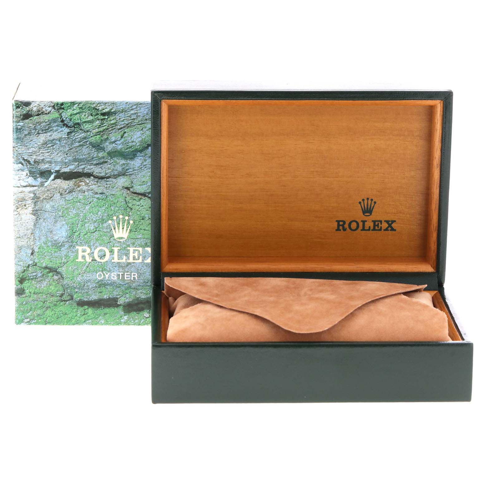 The image shows an open Rolex Datejust 16233 Men
s Steel and Gold (two tone) Grey Dial 16233 Men
s Steel and Gold (two tone) Grey Dial watch box, revealing a leather pouch inside.