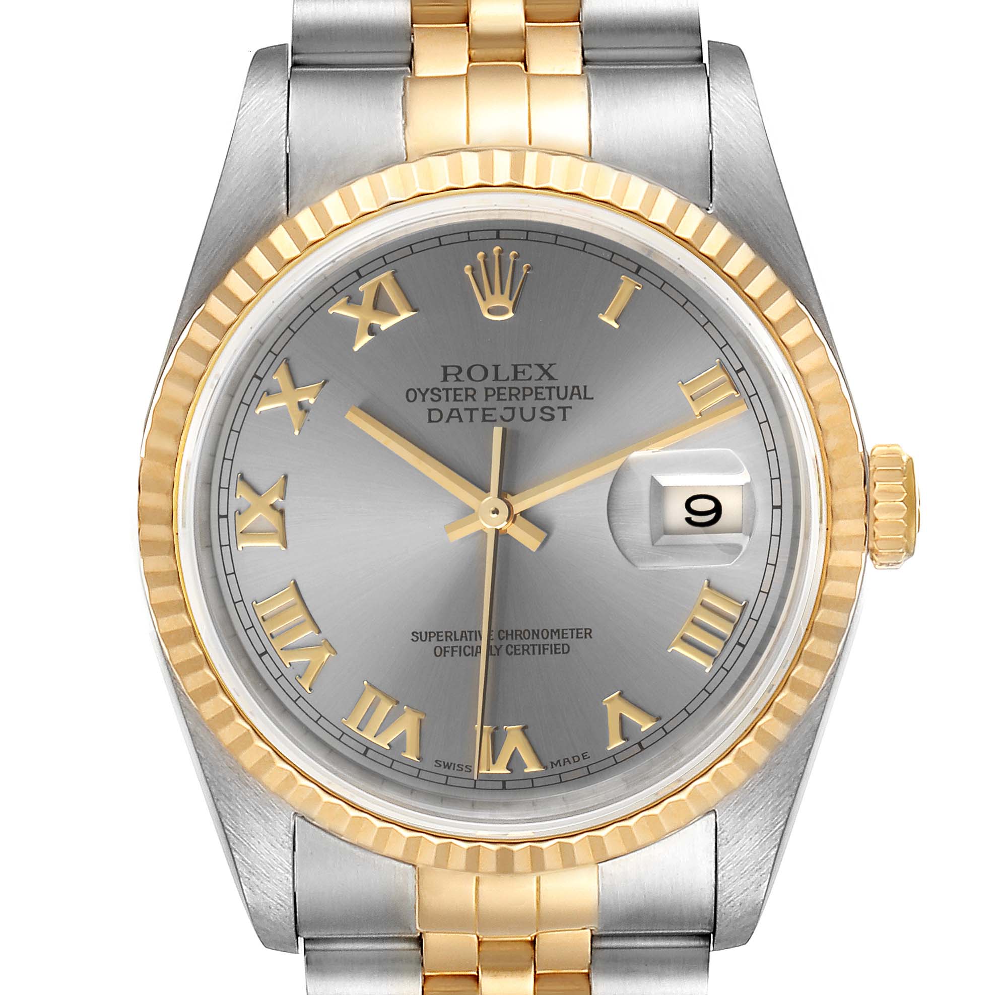 The image shows a Rolex Datejust 16233 Men
s Steel and Gold (two tone) Grey Dial 16233 Men
s Steel and Gold (two tone) Grey Dial watch from a front angle, featuring its dial, bezel, crown, and part of the bracelet.