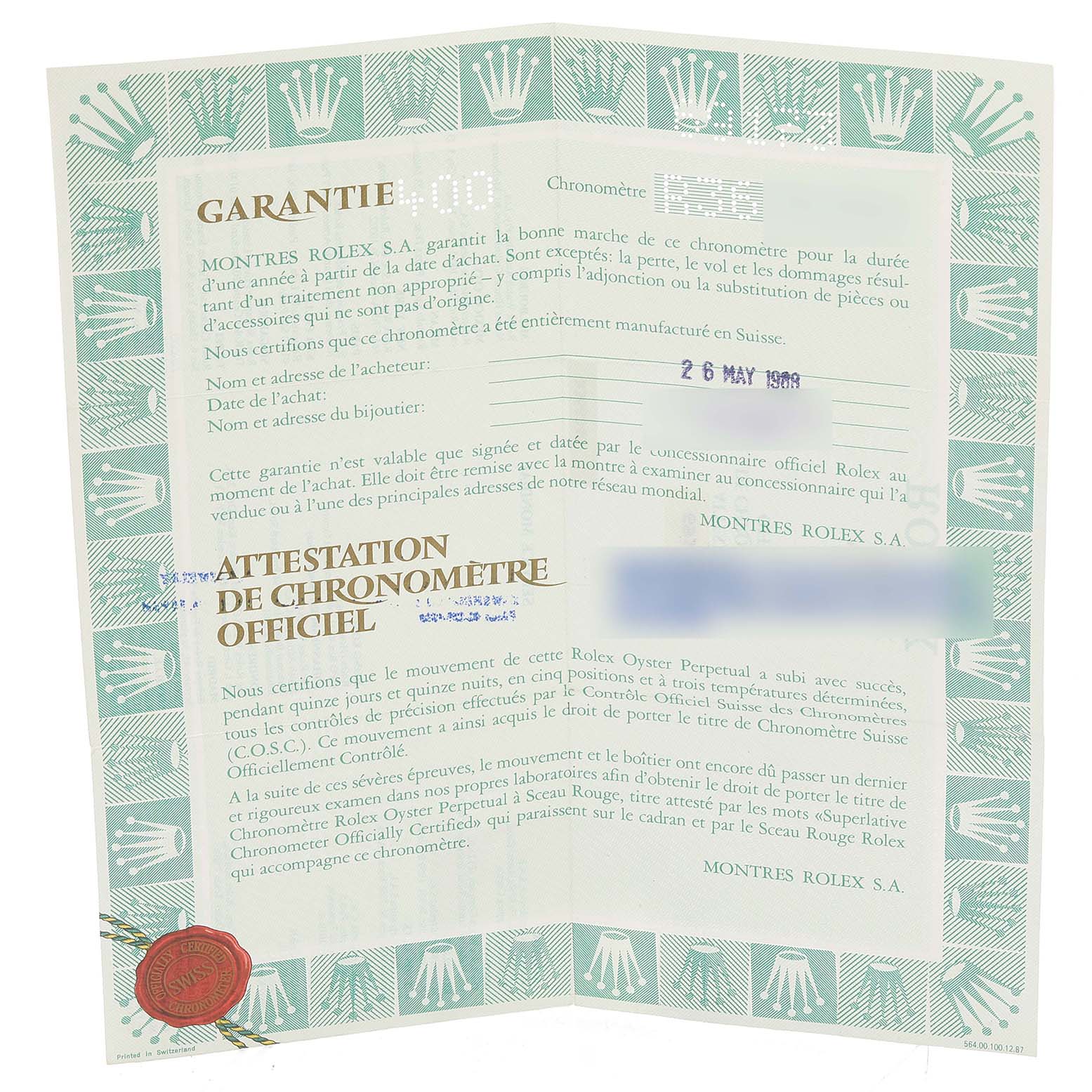 The image shows the official warranty and chronometer certificate for a Rolex Datejust 69173 Women
s Steel and Gold (two tone) White Dial 69173 Women
s Steel and Gold (two tone) White Dial watch.