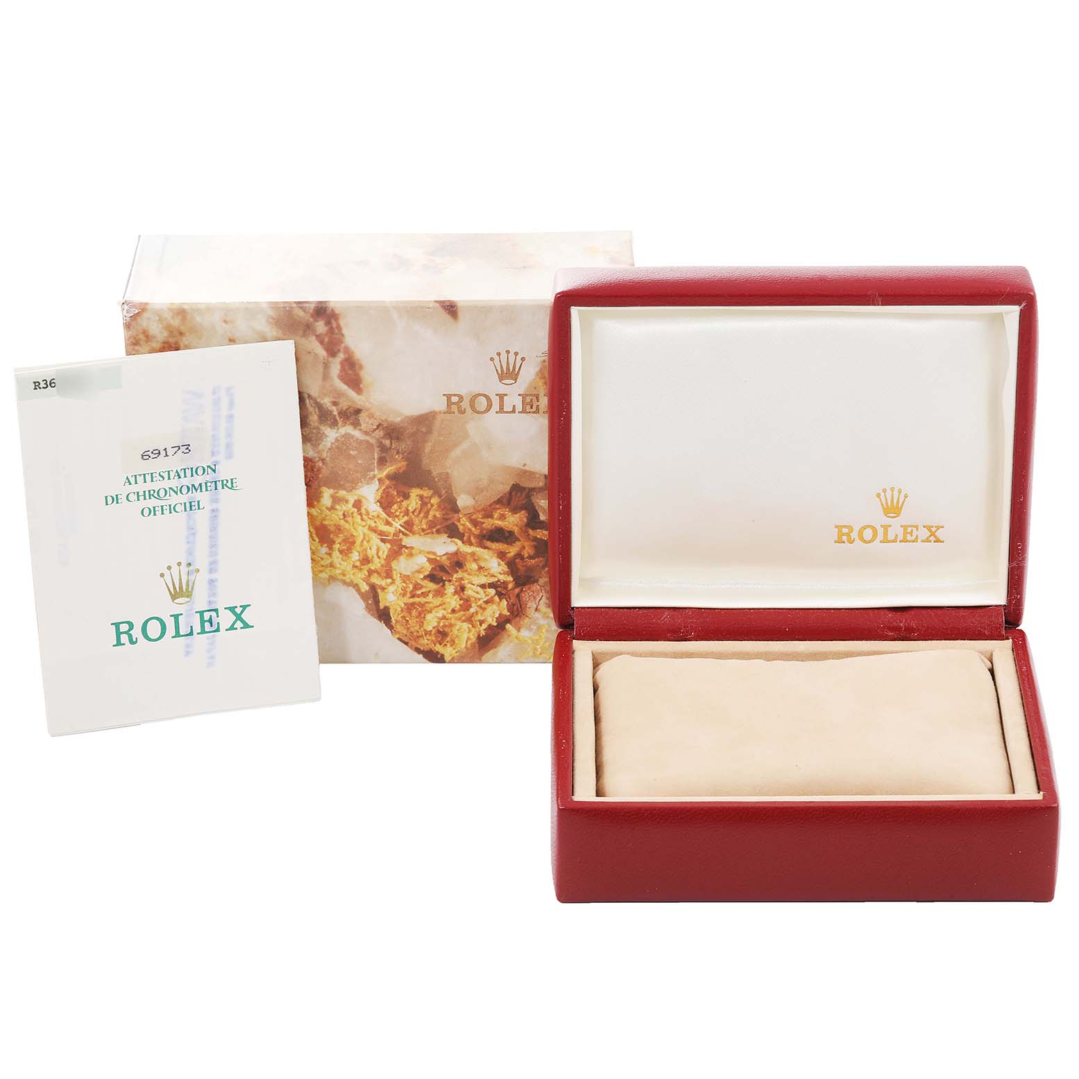 This image shows the box, cushion, and booklet for a Rolex Datejust 69173 Women
s Steel and Gold (two tone) White Dial 69173 Women
s Steel and Gold (two tone) White Dial watch.