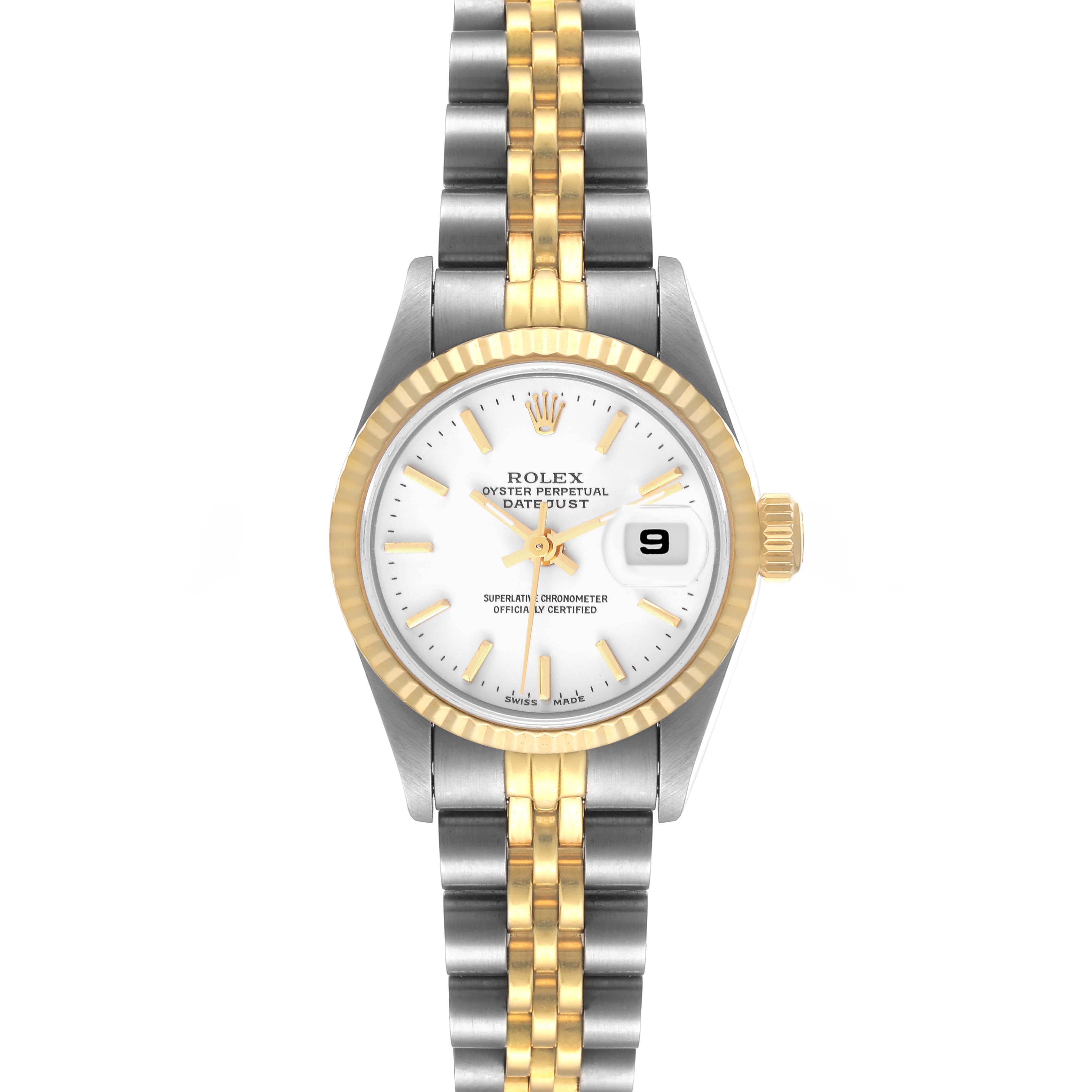 This image shows a Rolex Datejust 69173 Women
s Steel and Gold (two tone) White Dial 69173 Women
s Steel and Gold (two tone) White Dial watch from a front angle, highlighting its two-tone bracelet, gold bezel, and date window.