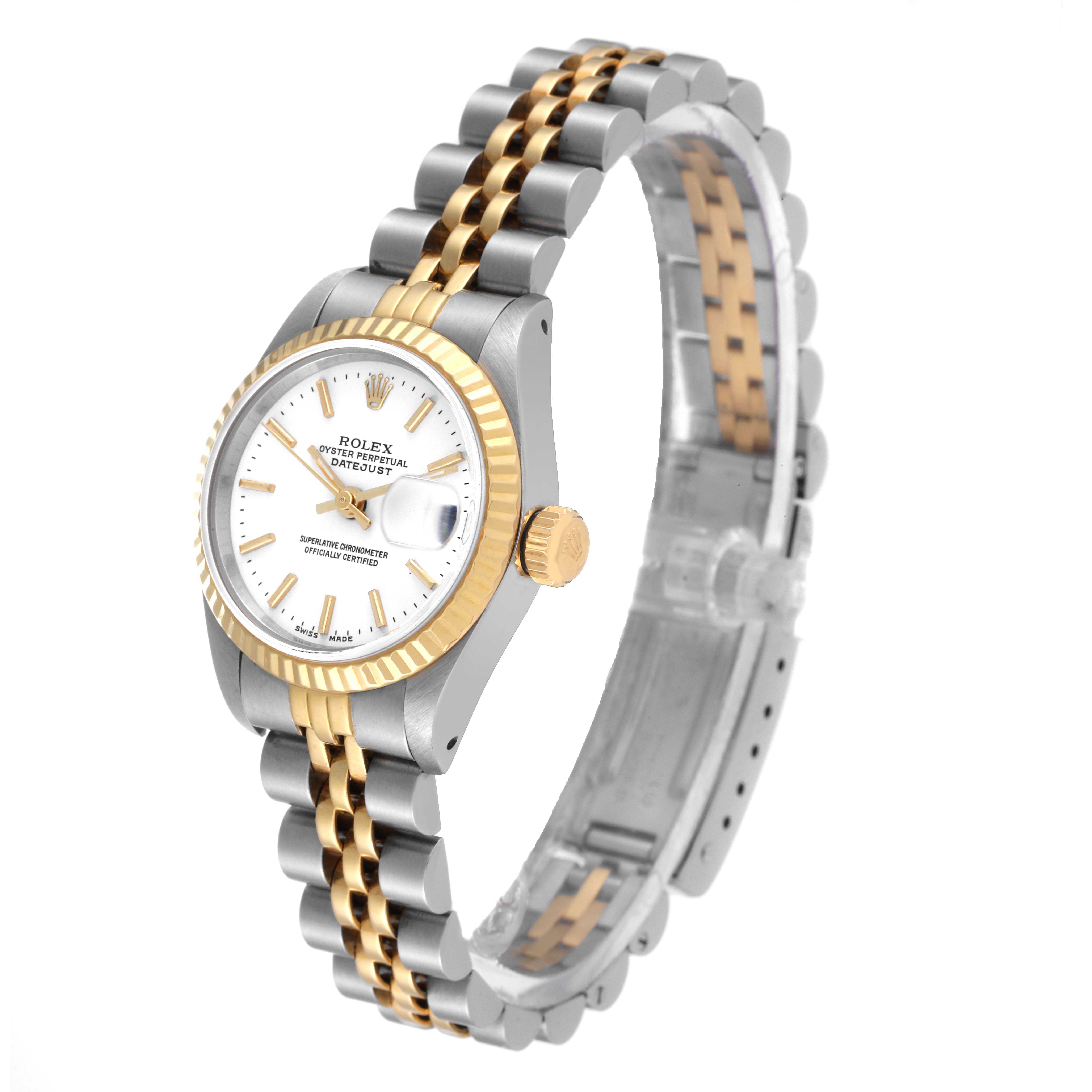 The Rolex Datejust 69173 Women
s Steel and Gold (two tone) White Dial 69173 Women
s Steel and Gold (two tone) White Dial watch is shown at an angle displaying the face, bezel, crown, and bracelet.