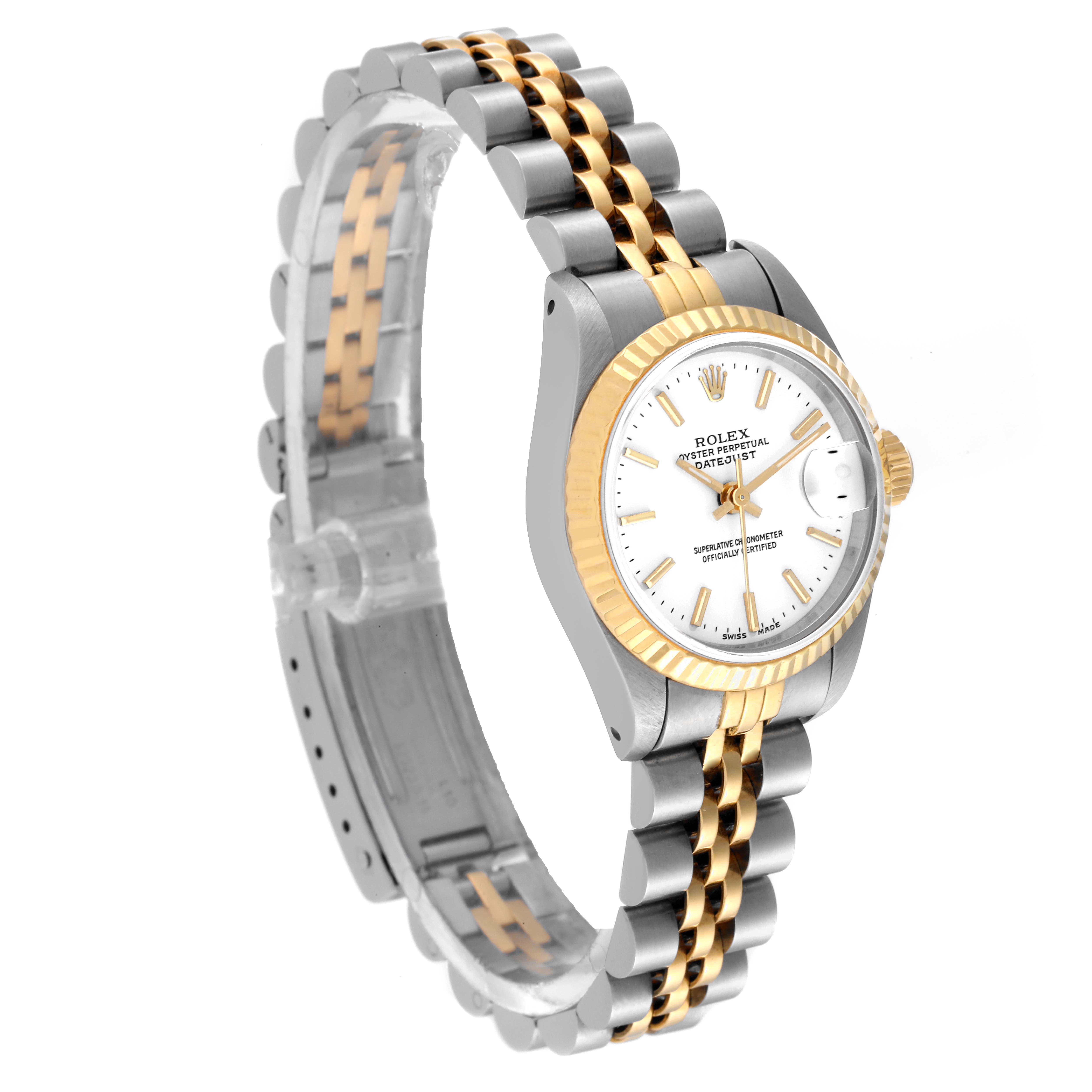 The Rolex Datejust 69173 Women
s Steel and Gold (two tone) White Dial 69173 Women
s Steel and Gold (two tone) White Dial watch is shown at an angled side view, displaying its dial, bezel, and two-tone bracelet.