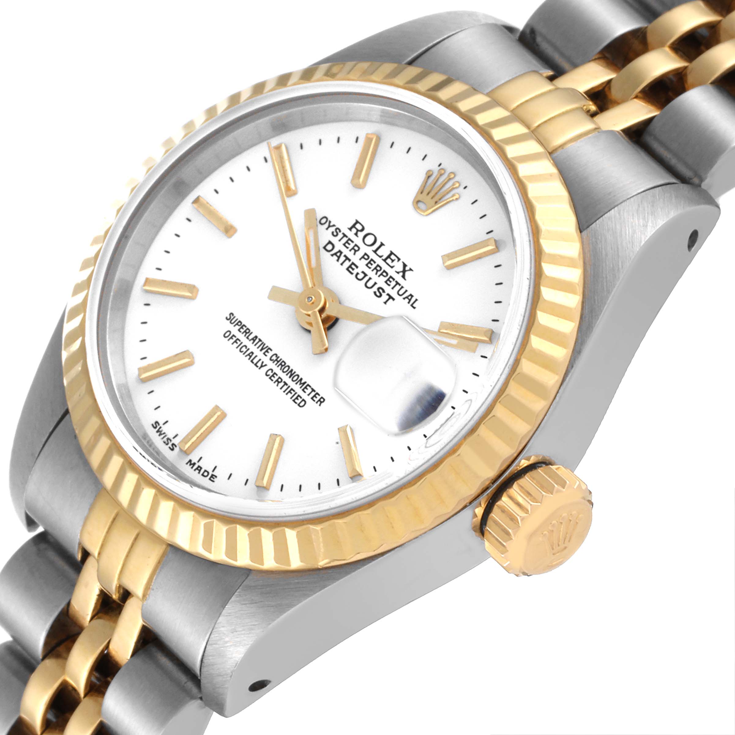 The image shows a close-up, angled view of a Rolex Datejust 69173 Women
s Steel and Gold (two tone) White Dial 69173 Women
s Steel and Gold (two tone) White Dial watch, highlighting the dial, bezel, crown, and part of the bracelet.