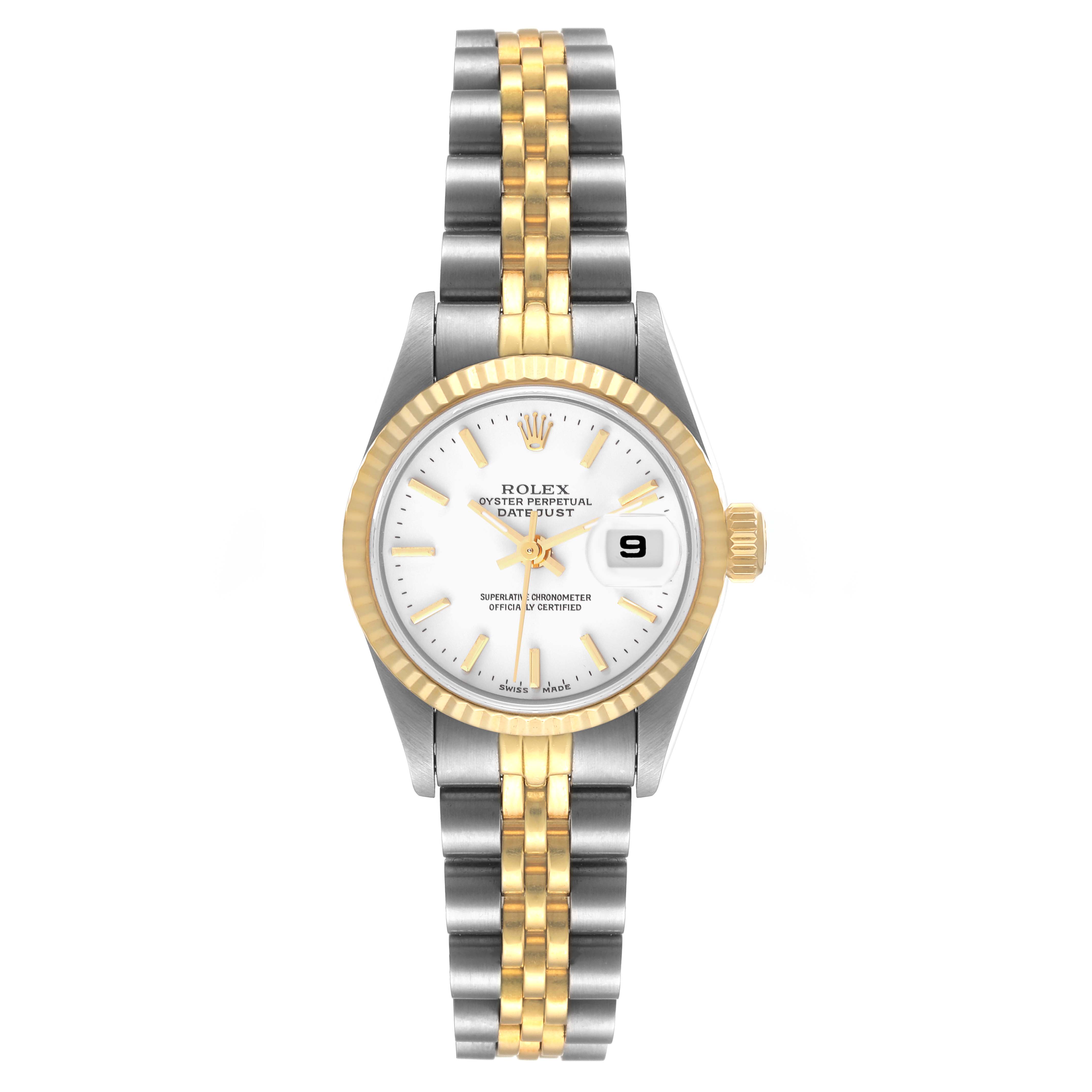 The image shows a front angle of a Rolex Datejust 69173 Women
s Steel and Gold (two tone) White Dial 69173 Women
s Steel and Gold (two tone) White Dial watch, highlighting its dial, fluted bezel, and two-tone bracelet.