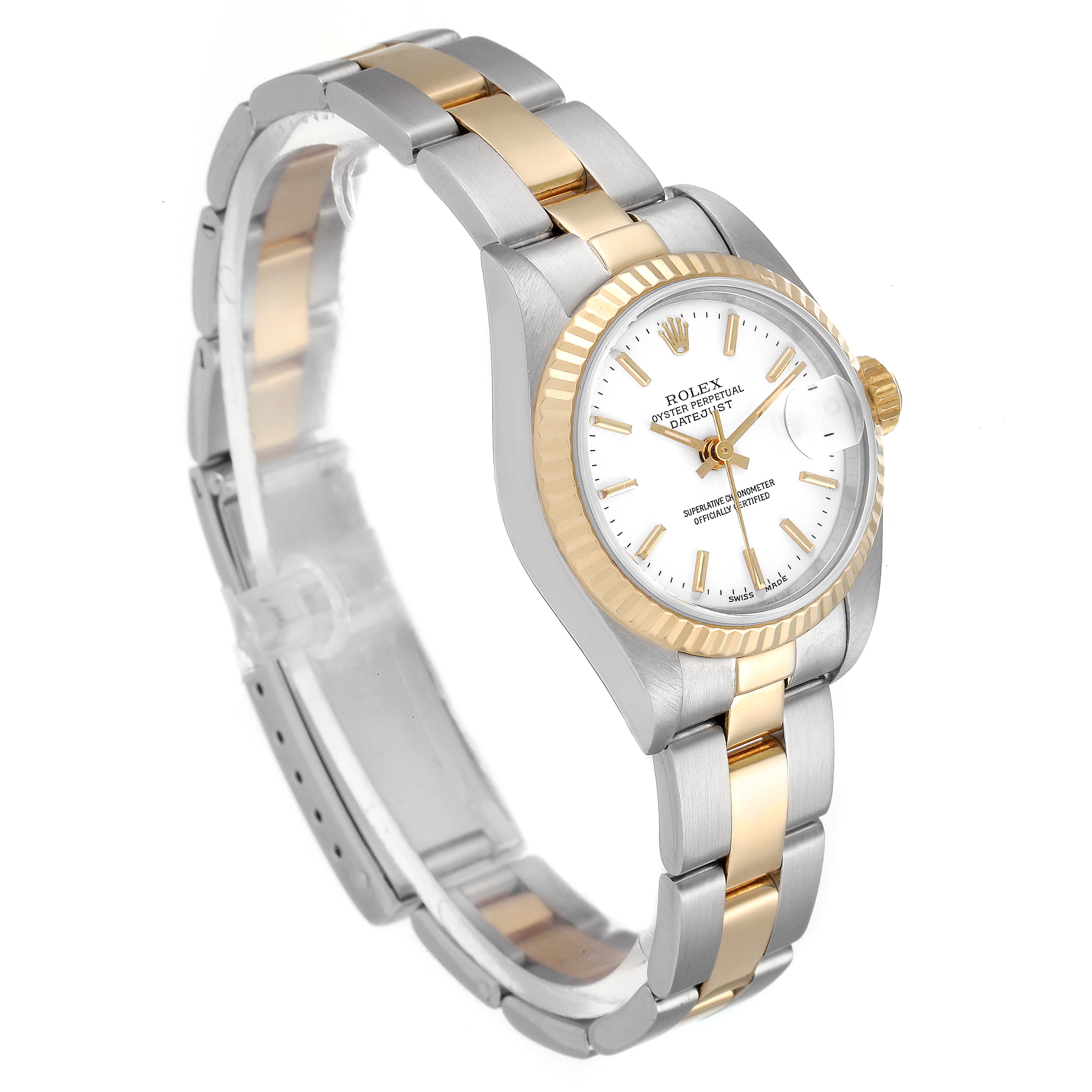 The Rolex Datejust 79173 Women's Steel and Gold (two tone) White Dial 79173 Women's Steel and Gold (two tone) White Dial watch is shown at a three-quarter angle displaying the dial, bezel, case, and two-tone bracelet.