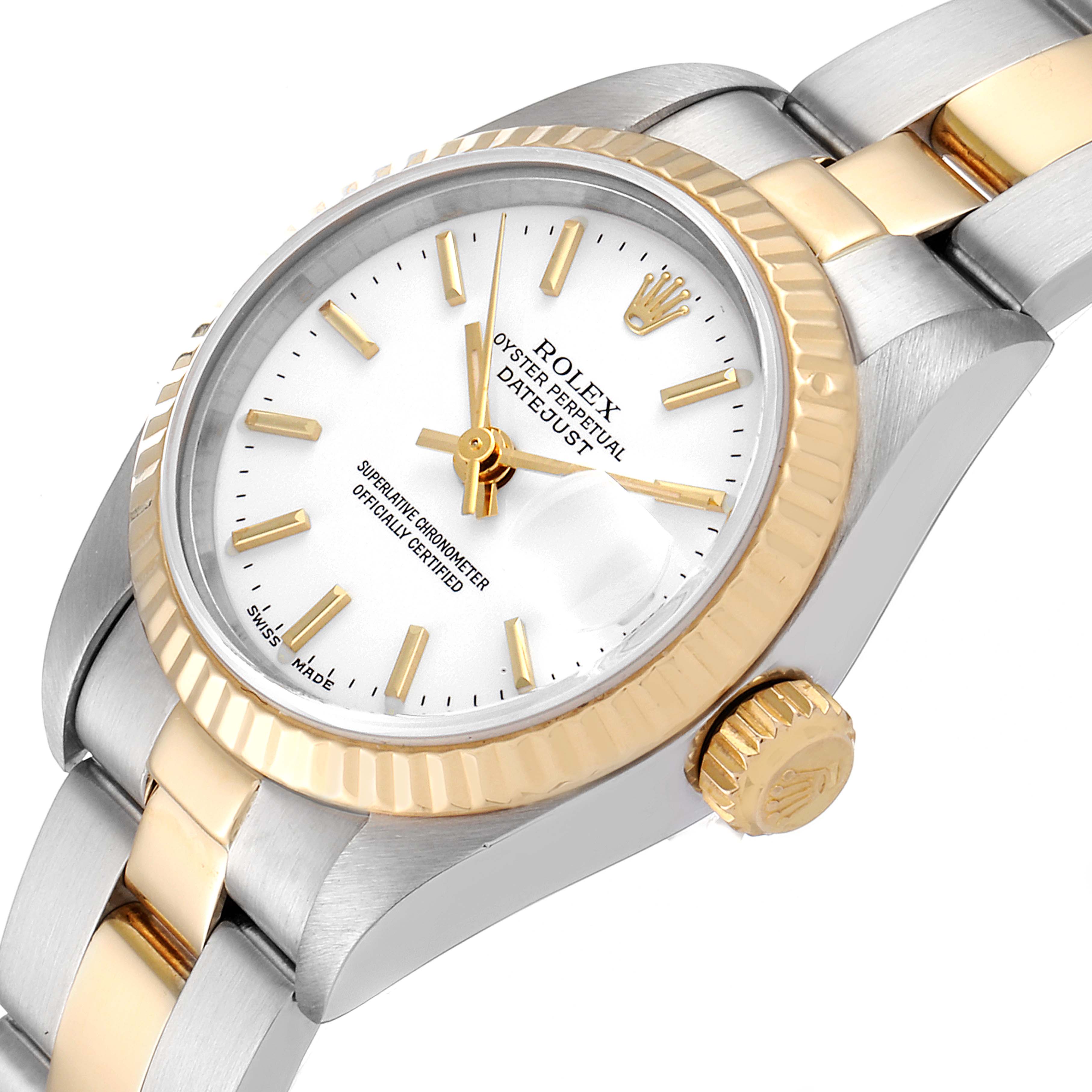 The image shows a Rolex Datejust 79173 Women's Steel and Gold (two tone) White Dial 79173 Women's Steel and Gold (two tone) White Dial watch at an angled close-up view, highlighting the dial, crown, and bracelet.