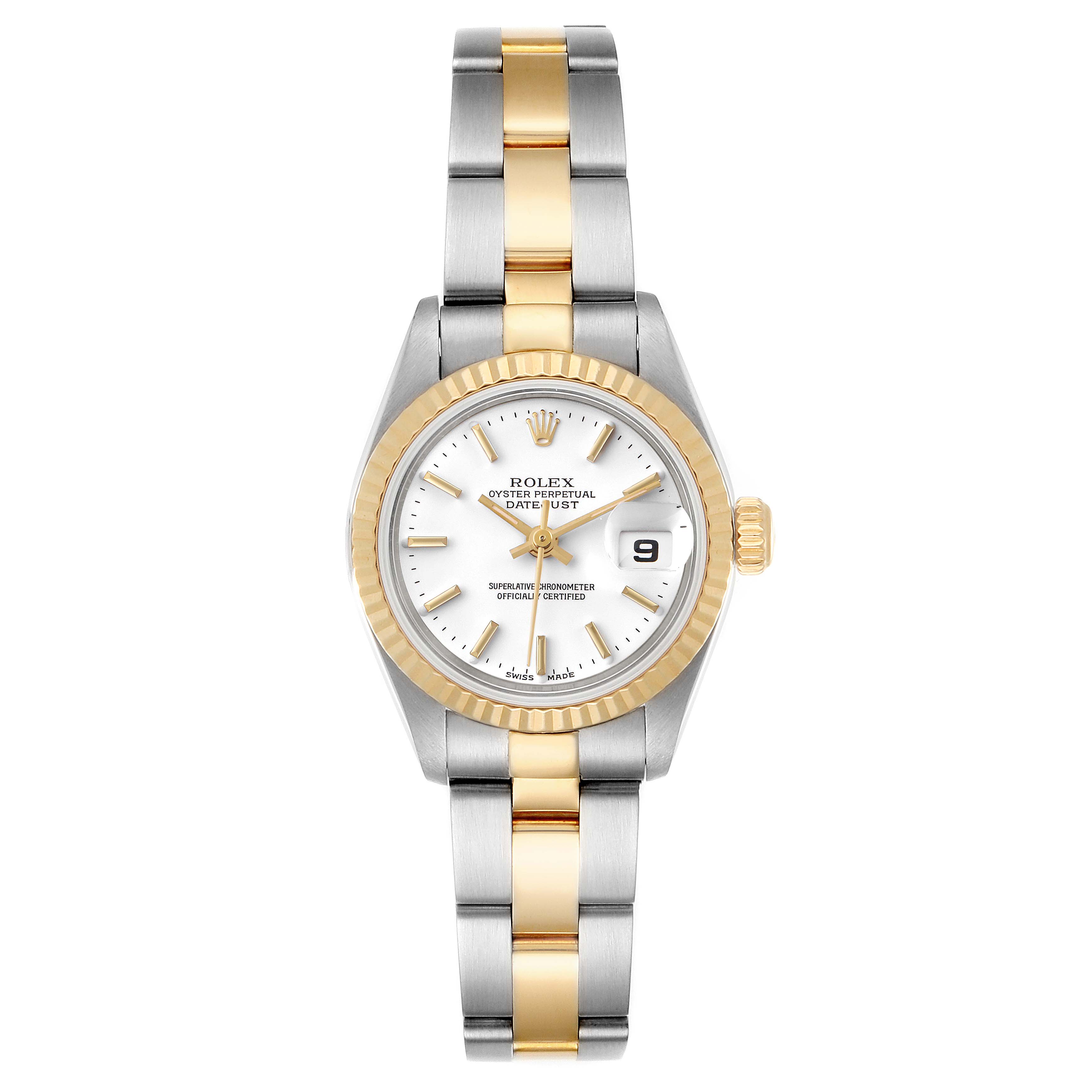 The image shows a front view of the Rolex Datejust 79173 Women's Steel and Gold (two tone) White Dial 79173 Women's Steel and Gold (two tone) White Dial watch, highlighting the dial, bezel, and bracelet.