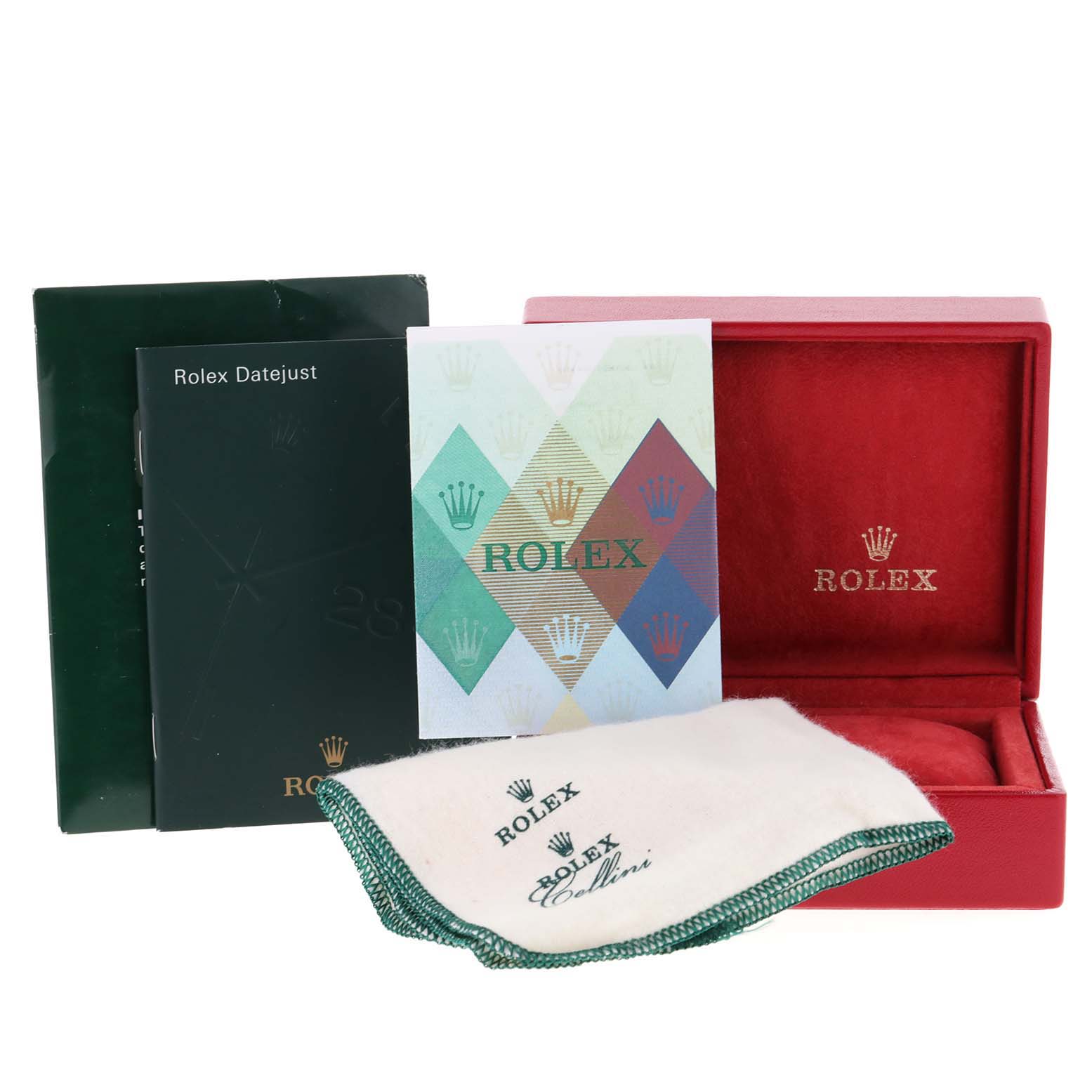 This image shows the Rolex Datejust 79173 Women's Steel and Gold (two tone) White Dial 79173 Women's Steel and Gold (two tone) White Dial watch accessories, including a red watch box, manuals, and a cleaning cloth.