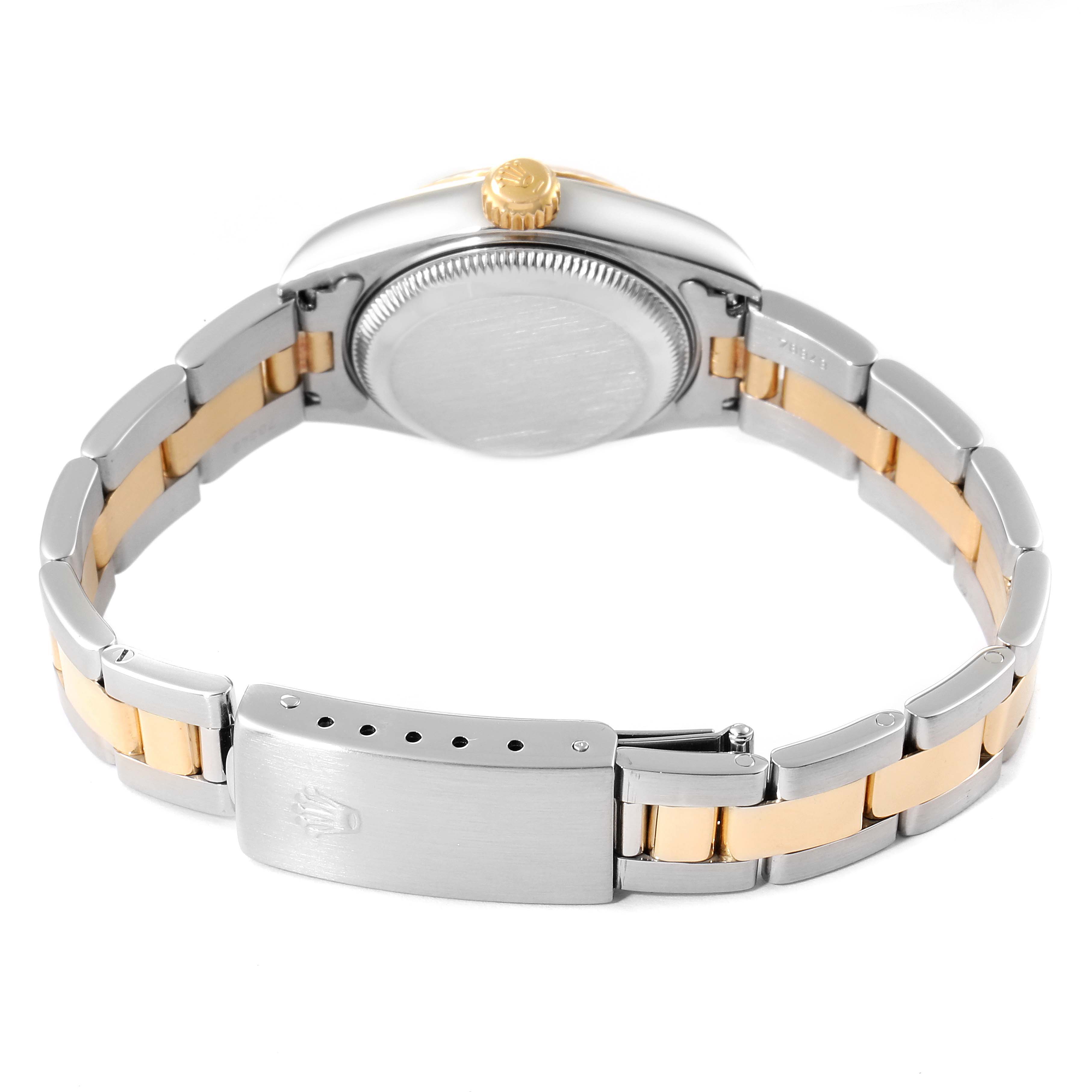 This image shows the back view of a Rolex Datejust 79173 Women's Steel and Gold (two tone) White Dial 79173 Women's Steel and Gold (two tone) White Dial watch, including the bracelet and the clasp.
