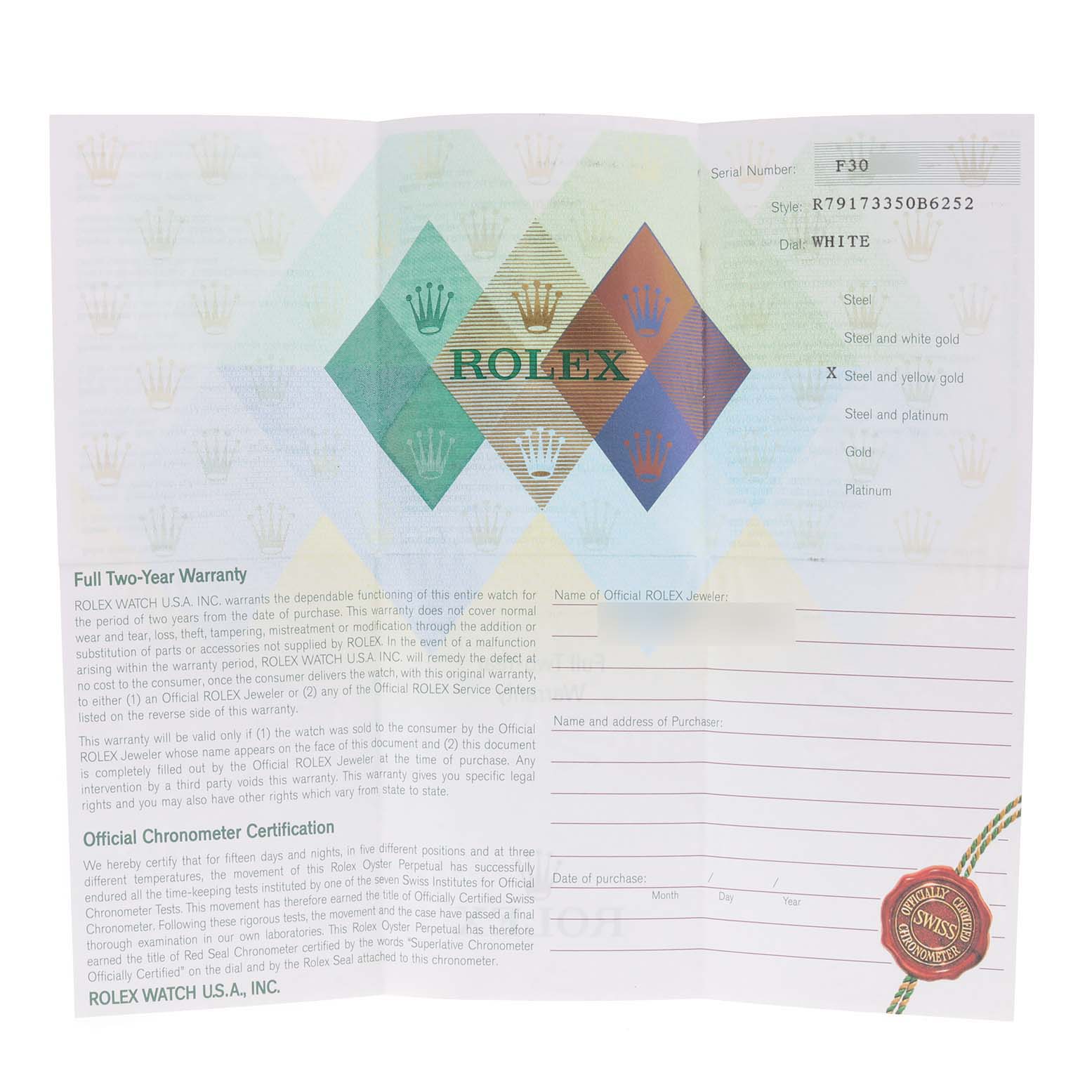 This image shows the warranty and certification card for the Rolex Datejust 79173 Women's Steel and Gold (two tone) White Dial 79173 Women's Steel and Gold (two tone) White Dial model.