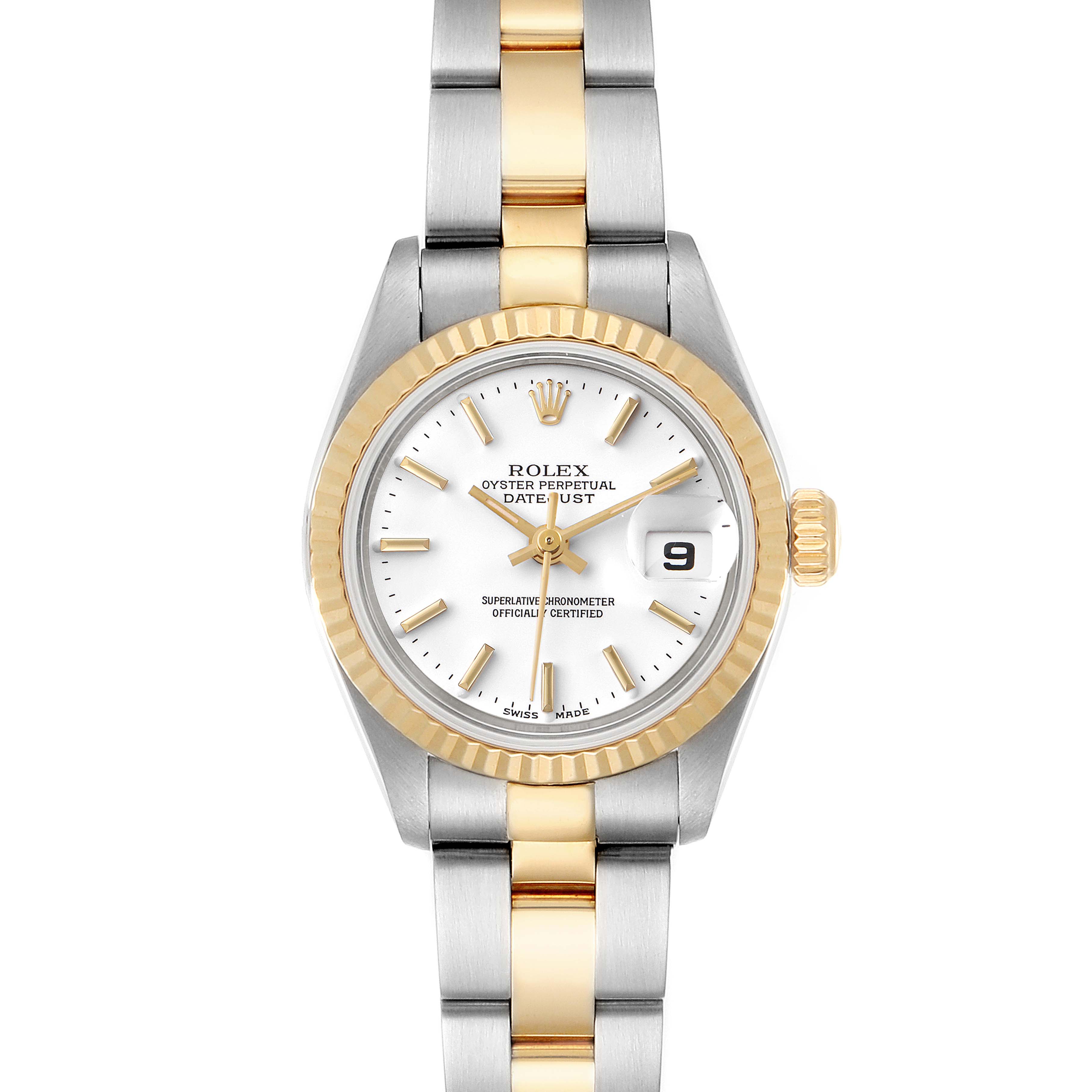 This image shows a Rolex Datejust 79173 Women's Steel and Gold (two tone) White Dial 79173 Women's Steel and Gold (two tone) White Dial watch from a front view, highlighting its dial, bezel, crown, and bracelet.