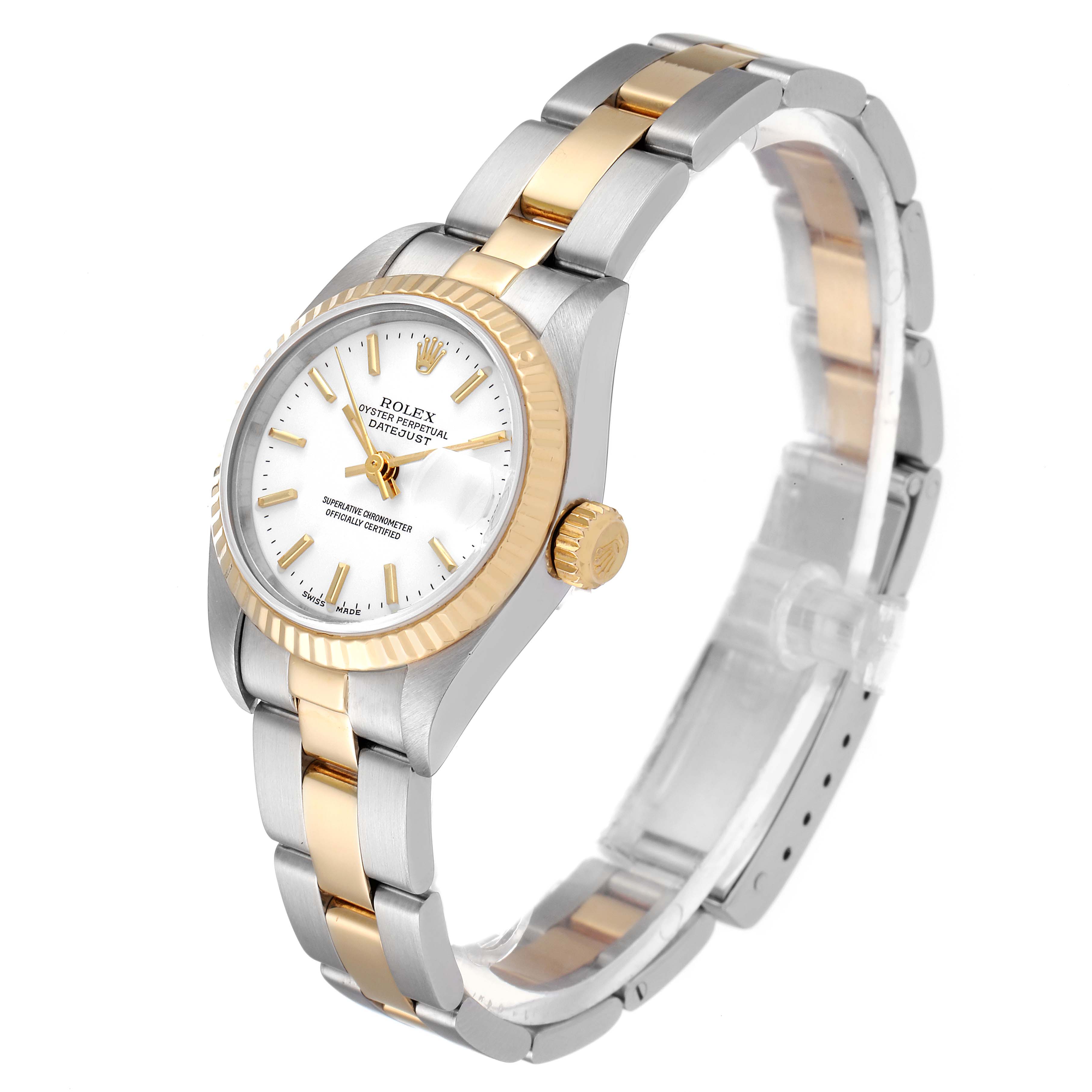 The image shows a Rolex Datejust 79173 Women's Steel and Gold (two tone) White Dial 79173 Women's Steel and Gold (two tone) White Dial watch from an angled side view, displaying the face, bezel, crown, and part of the bracelet.