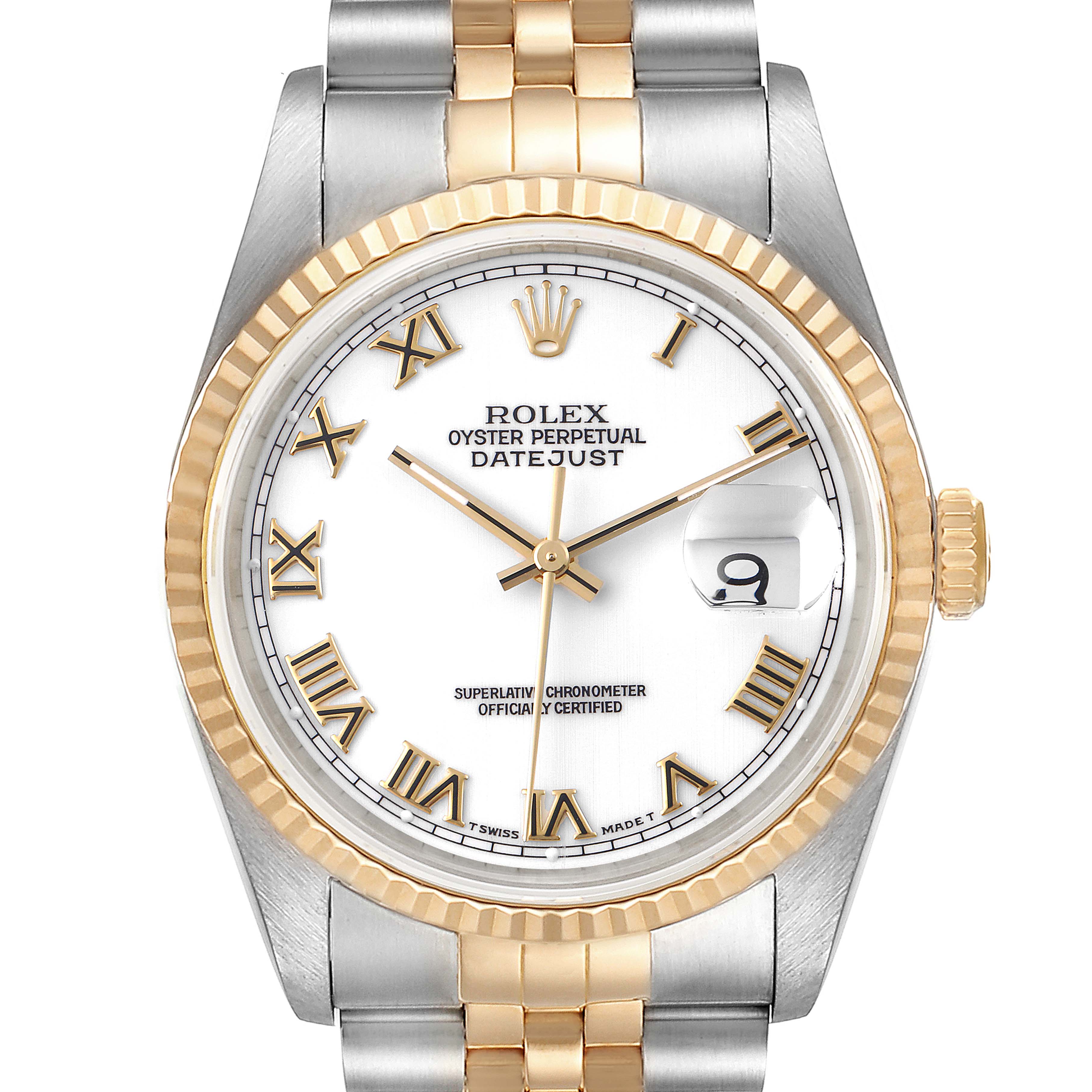 The image shows a front view of a Rolex Datejust 16233 Men's Steel and Gold (two tone) White Dial 16233 Men's Steel and Gold (two tone) White Dial watch, highlighting its face, bezel, crown, and part of the bracelet.